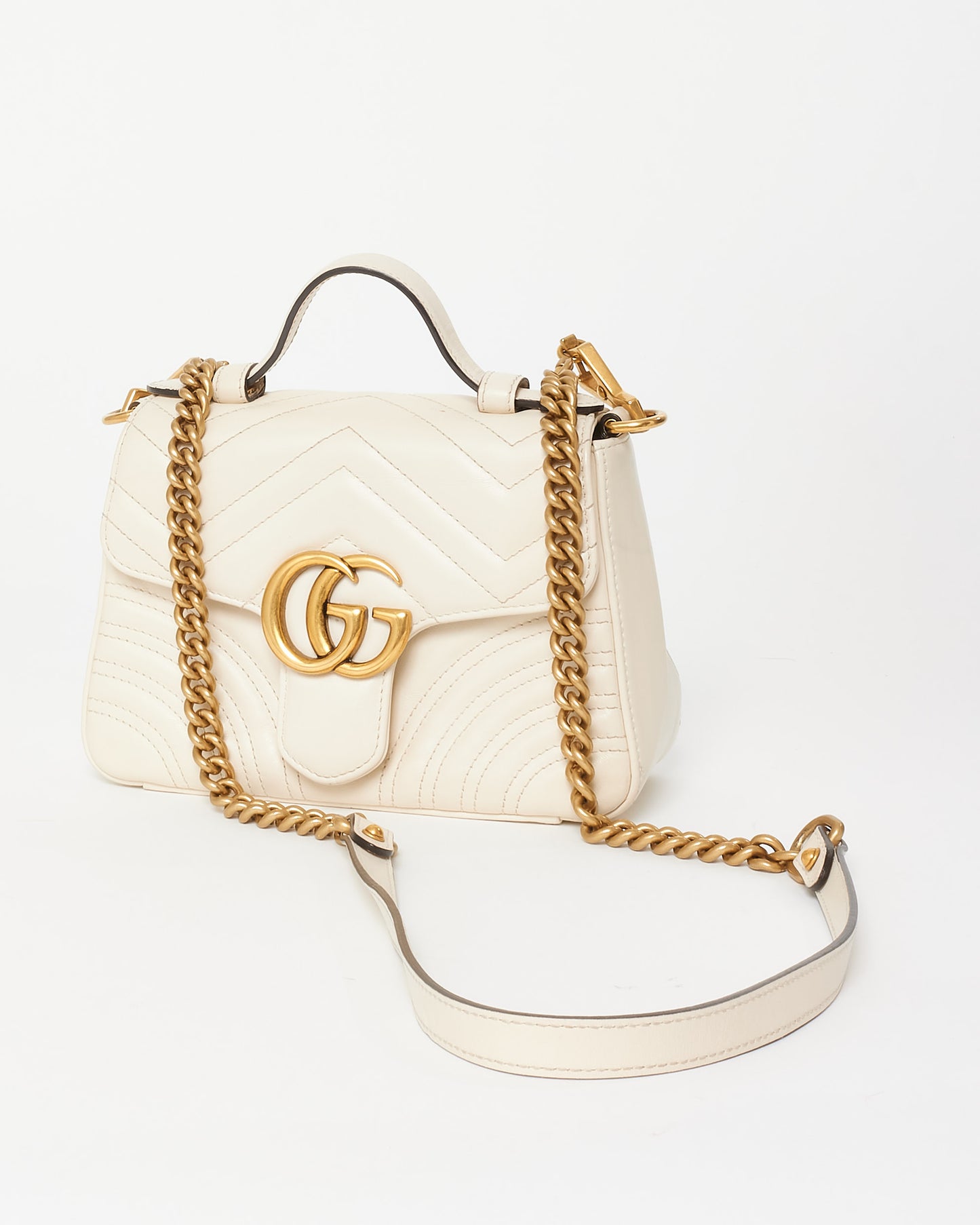 Gucci White Chevron Leather GG Marmont Top Handle Bag