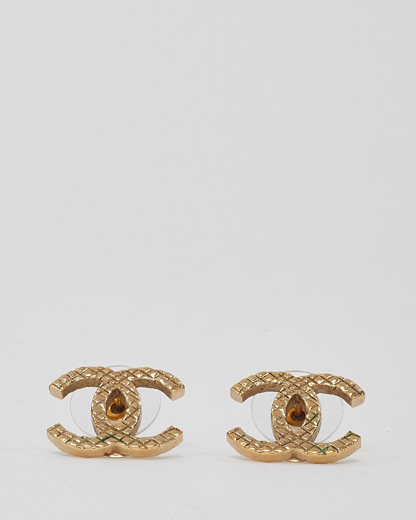 Chanel Gold Metal Textured CC Logo Earrings