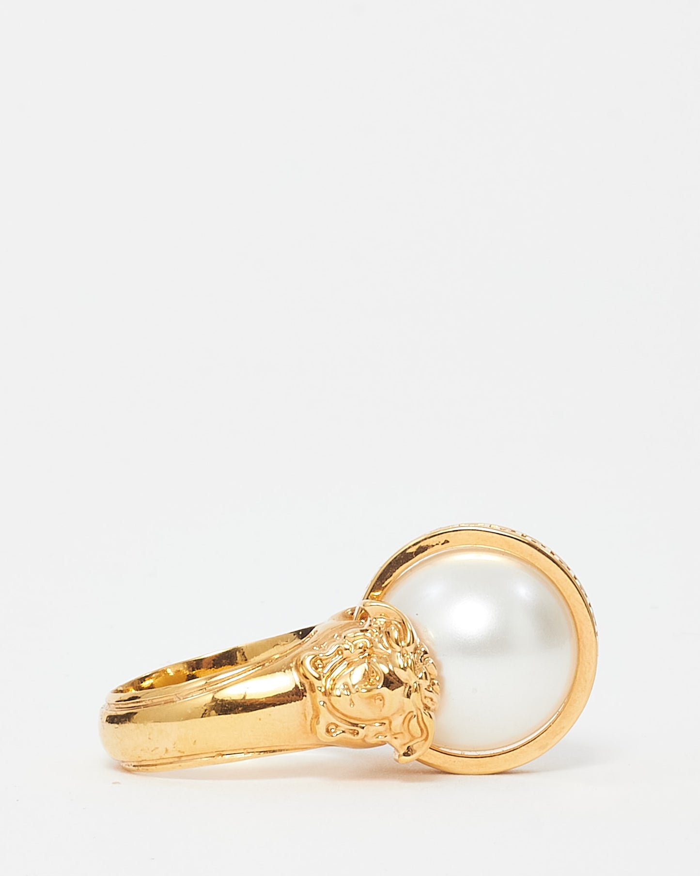 Versace Gold Medusa Faux Pearl & Crystal Ring - 6