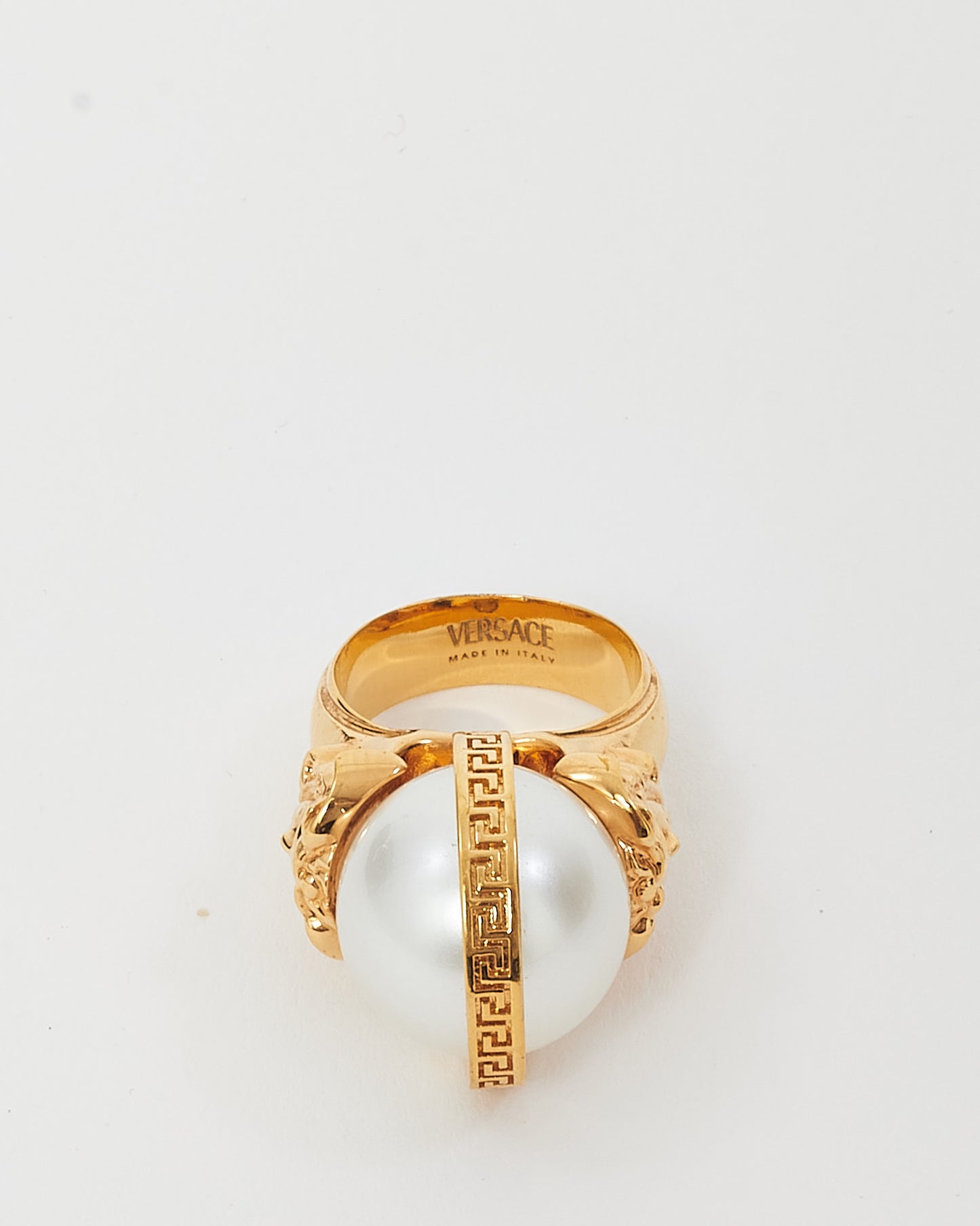 Versace Gold Medusa Faux Pearl & Crystal Ring - 6