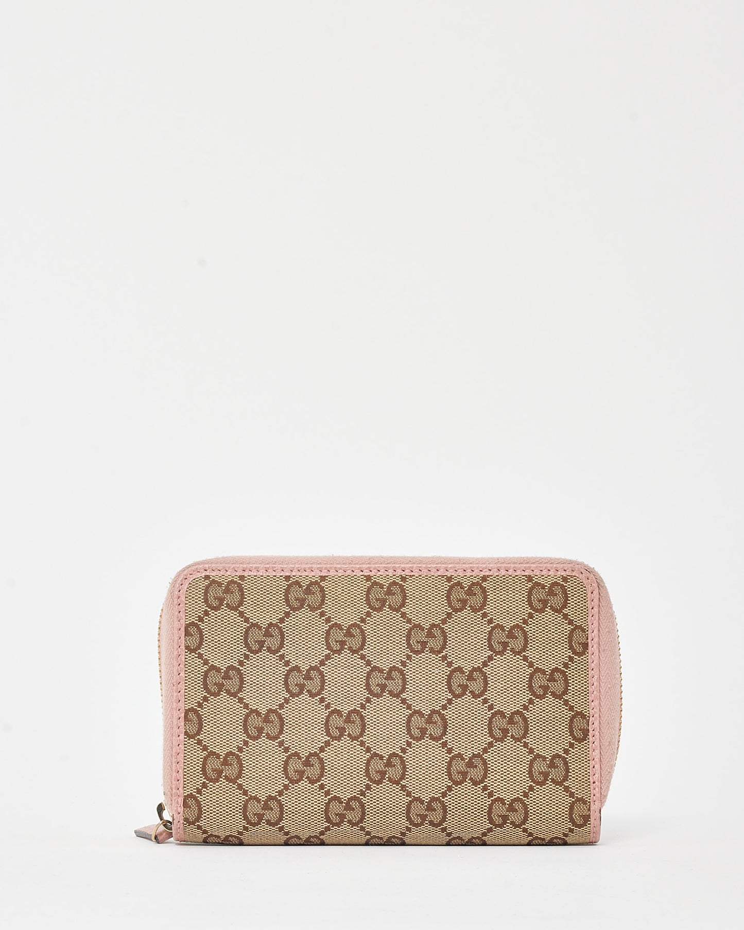 Gucci Pink Leather and Brown and Beige GG Monogram Canvas Zippy Wallet