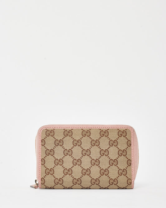 Gucci Pink Leather and Brown and Beige GG Monogram Canvas Zippy Wallet