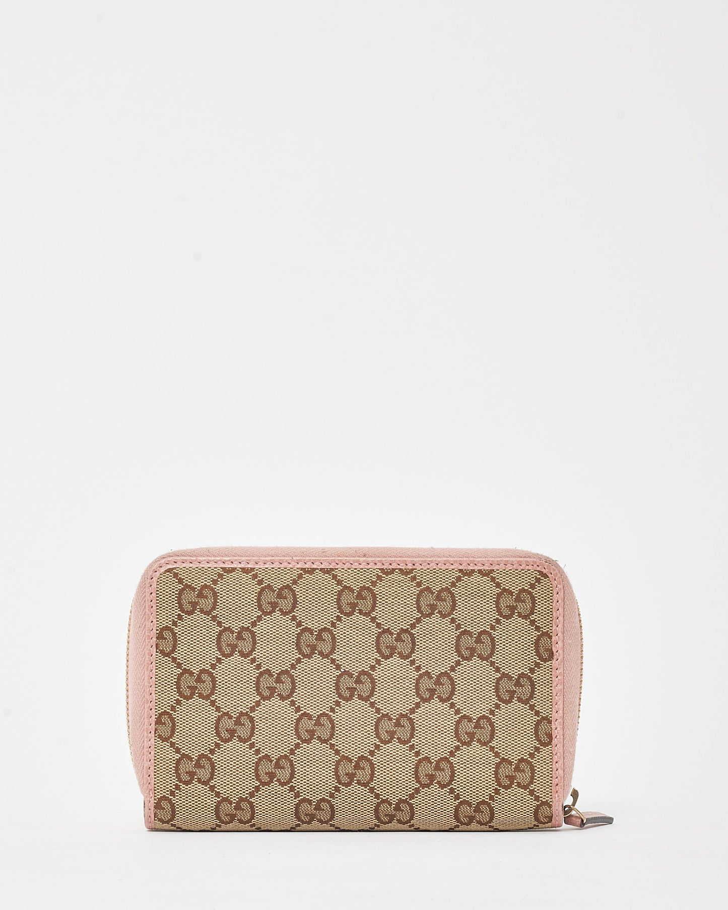 Gucci Pink Leather and Brown and Beige GG Monogram Canvas Zippy Wallet