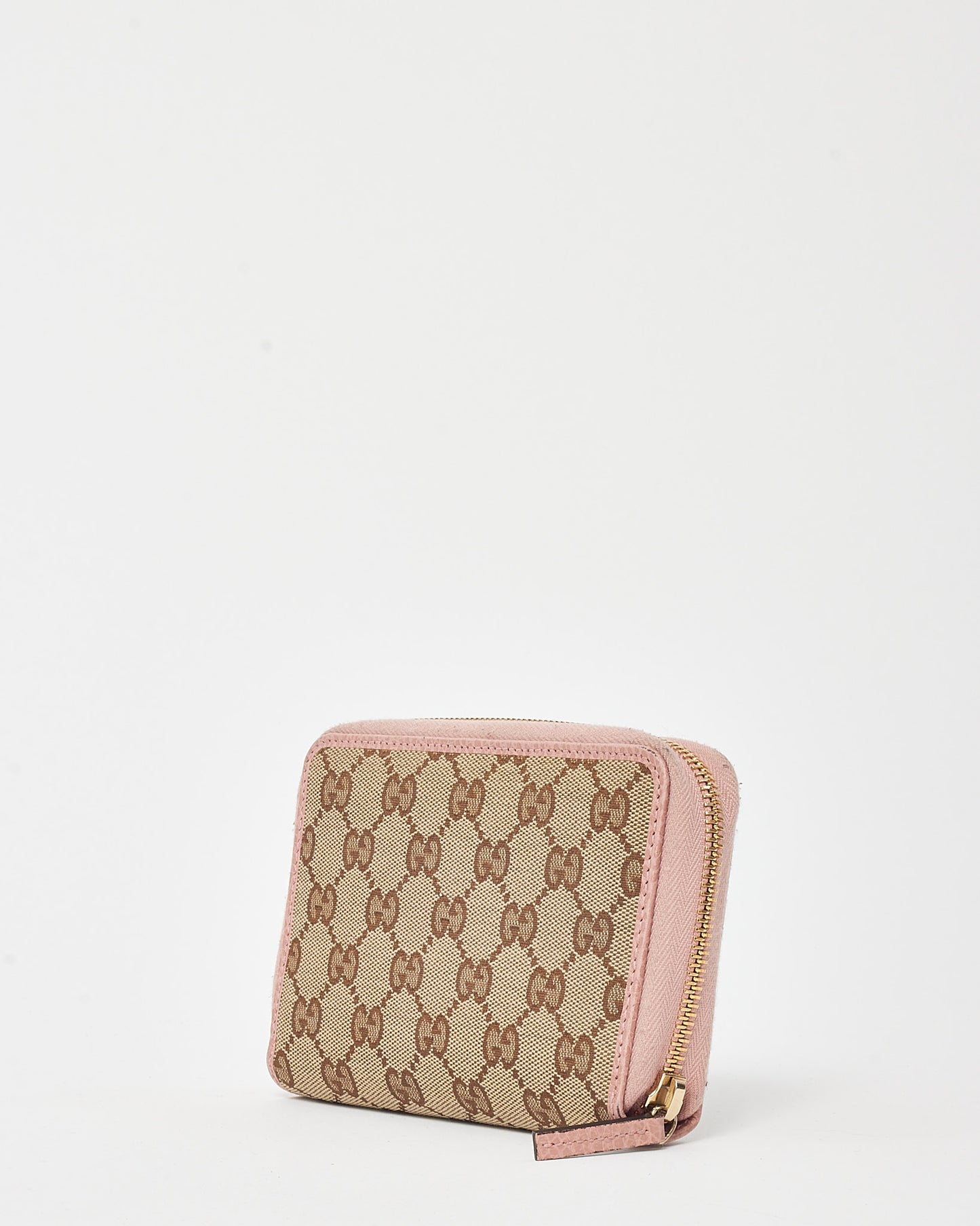 Gucci Pink Leather and Brown and Beige GG Monogram Canvas Zippy Wallet