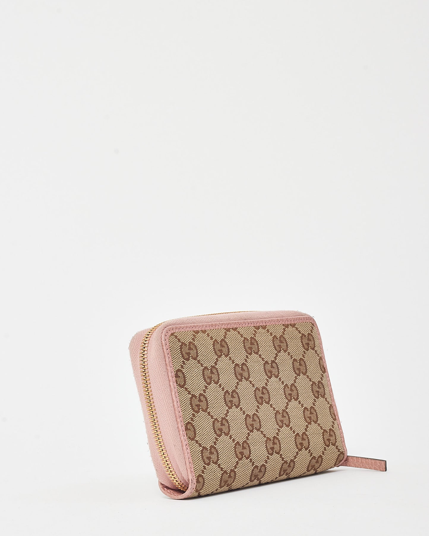 Gucci Pink Leather and Brown and Beige GG Monogram Canvas Zippy Wallet