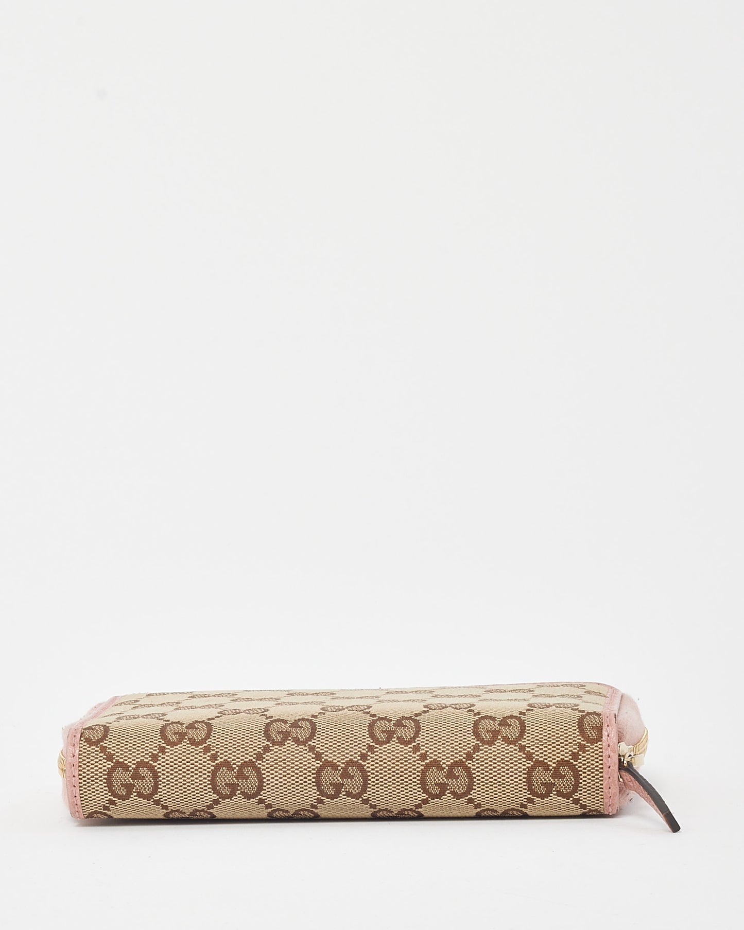 Gucci Pink Leather and Brown and Beige GG Monogram Canvas Zippy Wallet