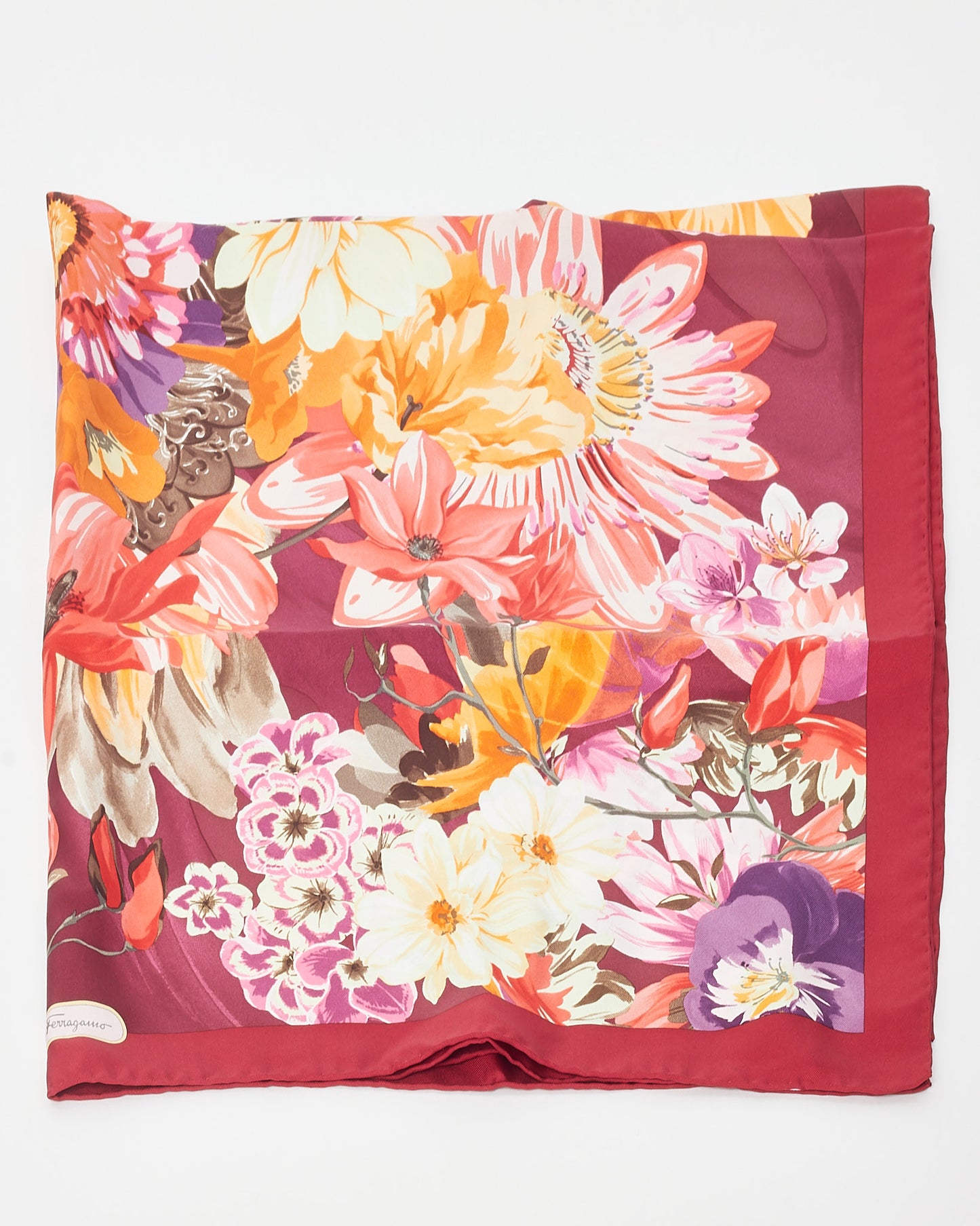 Salvatore Ferragamo Red Floral Print Silk Scarf