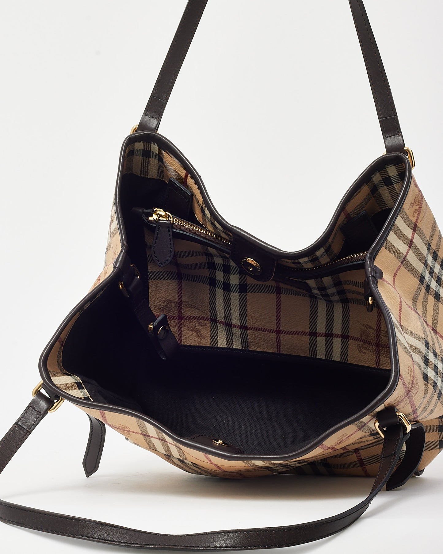 Burberry Brown Leather and Beige Haymarket Check Canterbury Shoulder Bag