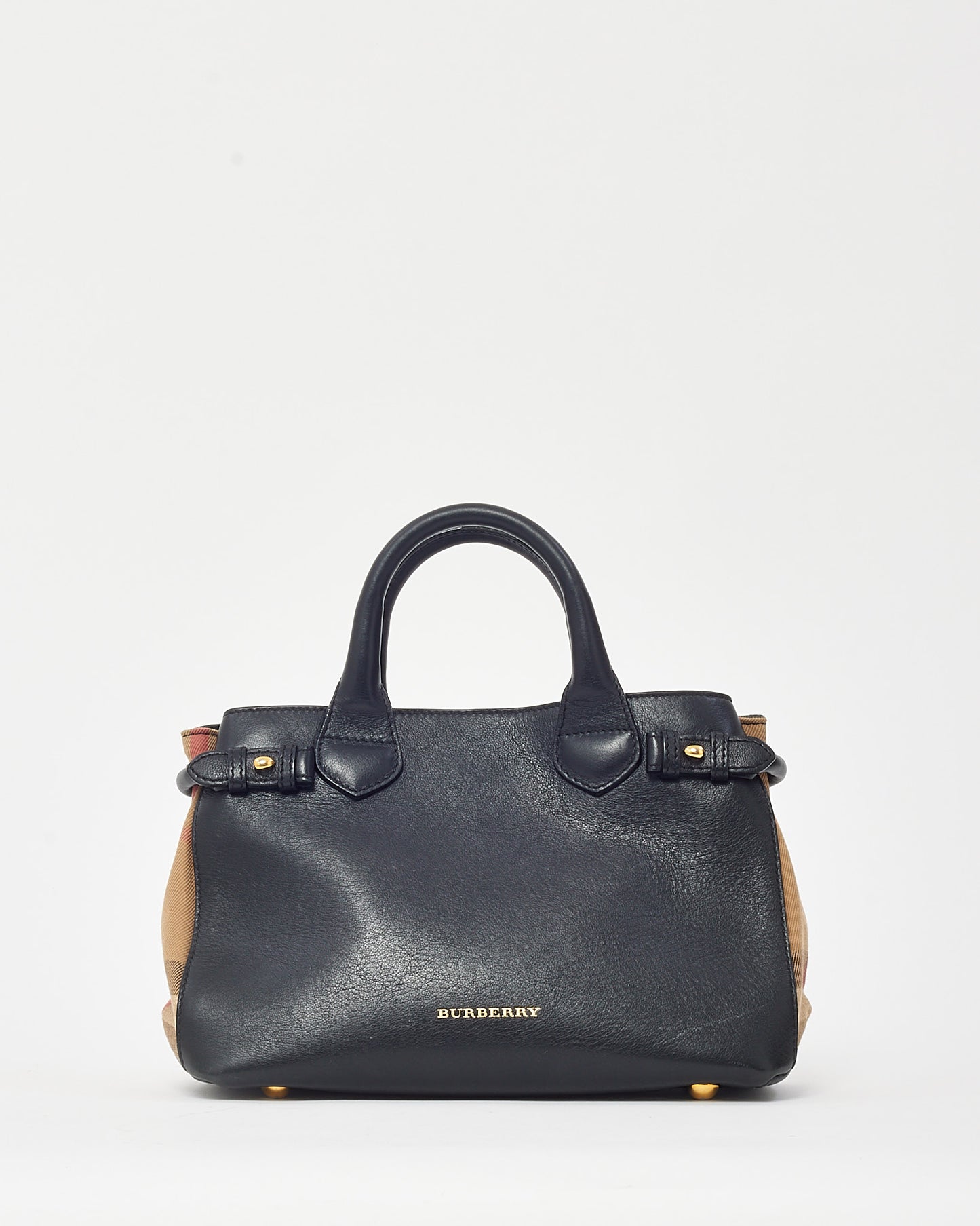 Burberry Black Leather Beige House Check Small Banner Tote - NO STRAP