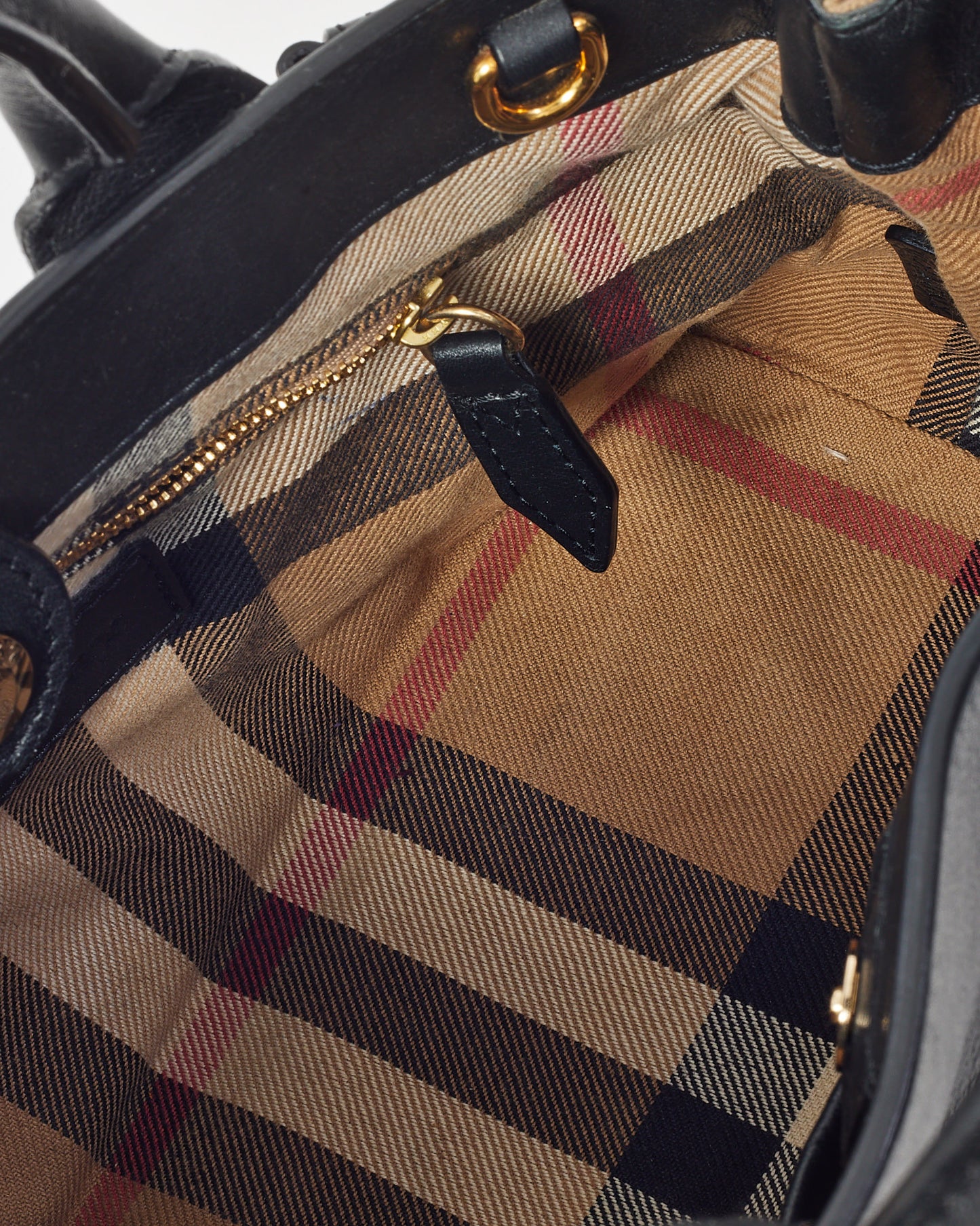 Burberry Black Leather Beige House Check Small Banner Tote - NO STRAP