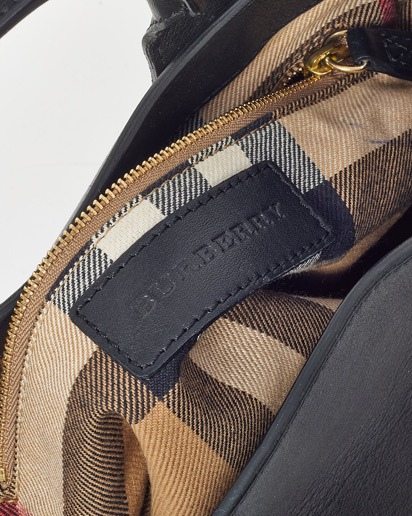 Burberry Black Leather Beige House Check Small Banner Tote - NO STRAP