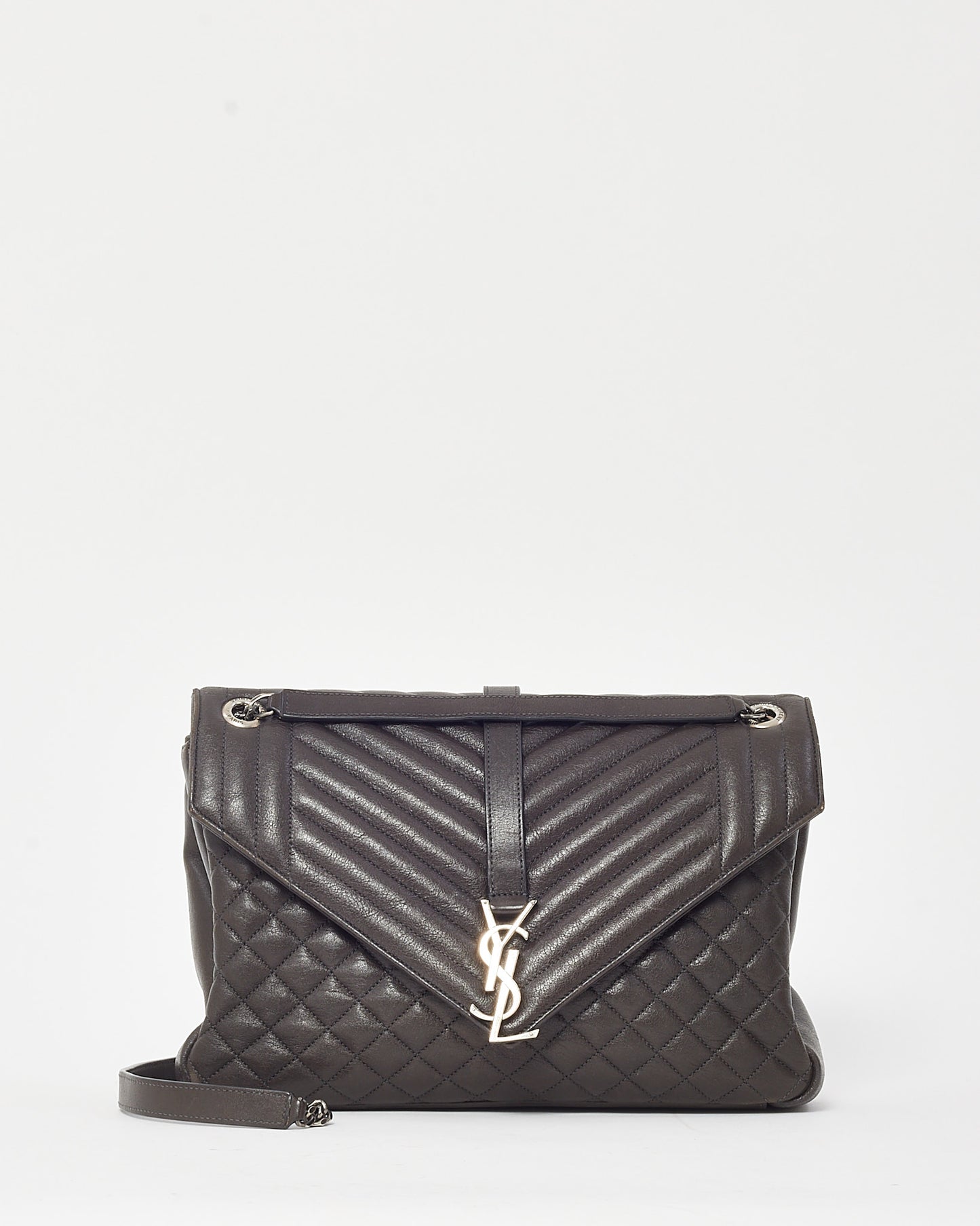 Saint Laurent Dark Brown Grained Chevron Leather Large Envelope Bag SHW