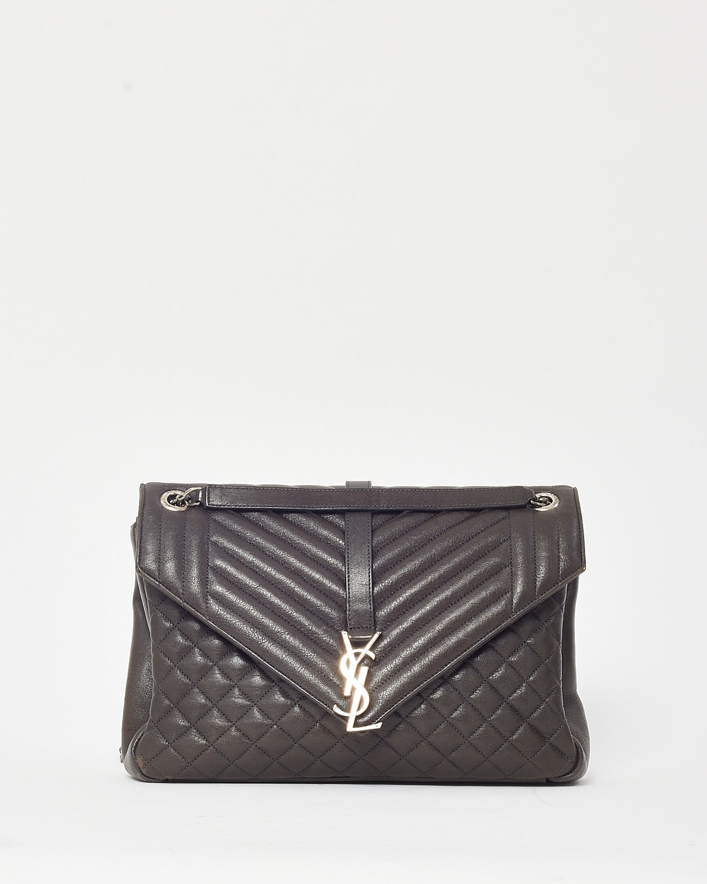 Saint Laurent Dark Brown Grained Chevron Leather Large Envelope Bag SHW