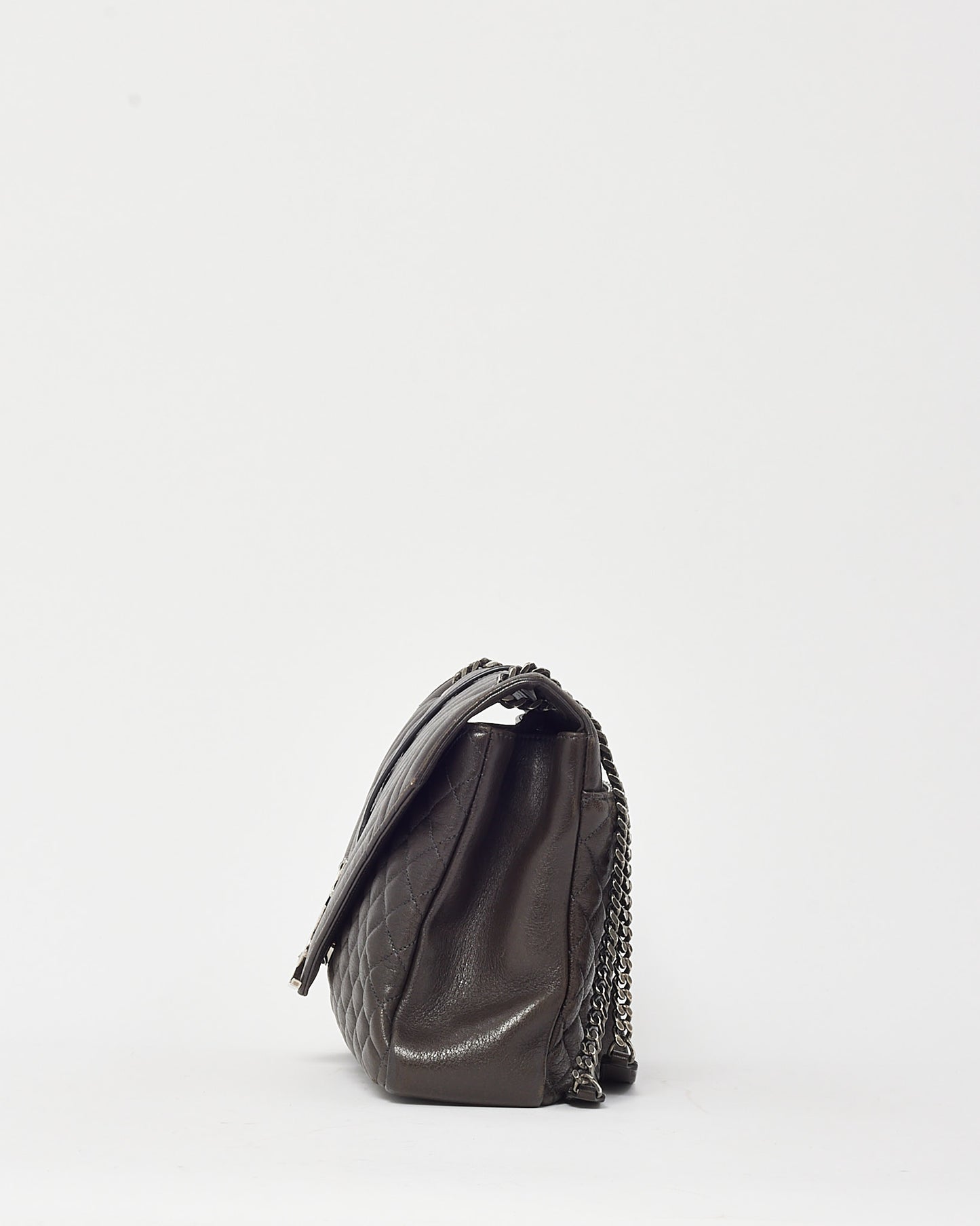 Saint Laurent Dark Brown Grained Chevron Leather Large Envelope Bag SHW