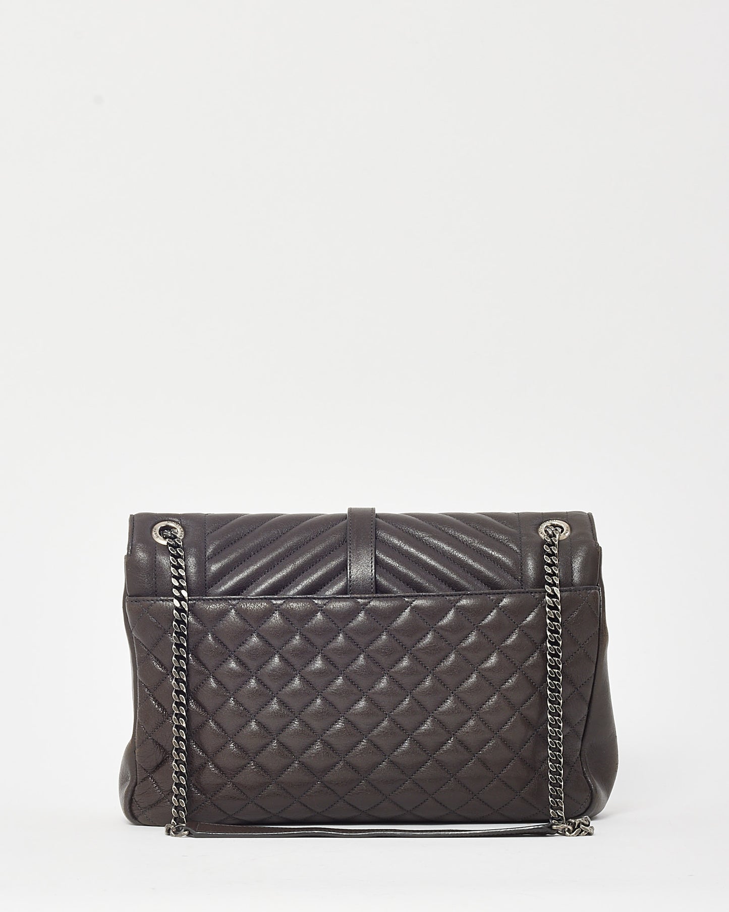 Saint Laurent Dark Brown Grained Chevron Leather Large Envelope Bag SHW