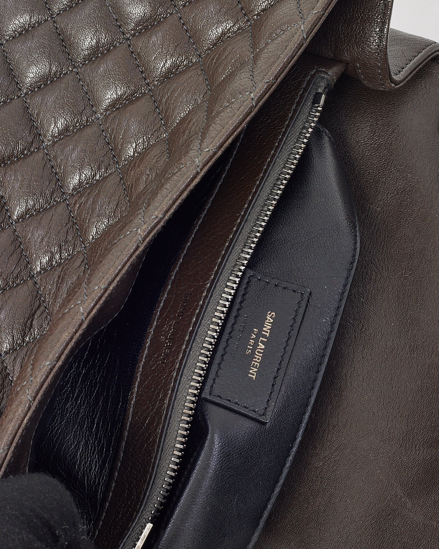 Saint Laurent Dark Brown Grained Chevron Leather Large Envelope Bag SHW