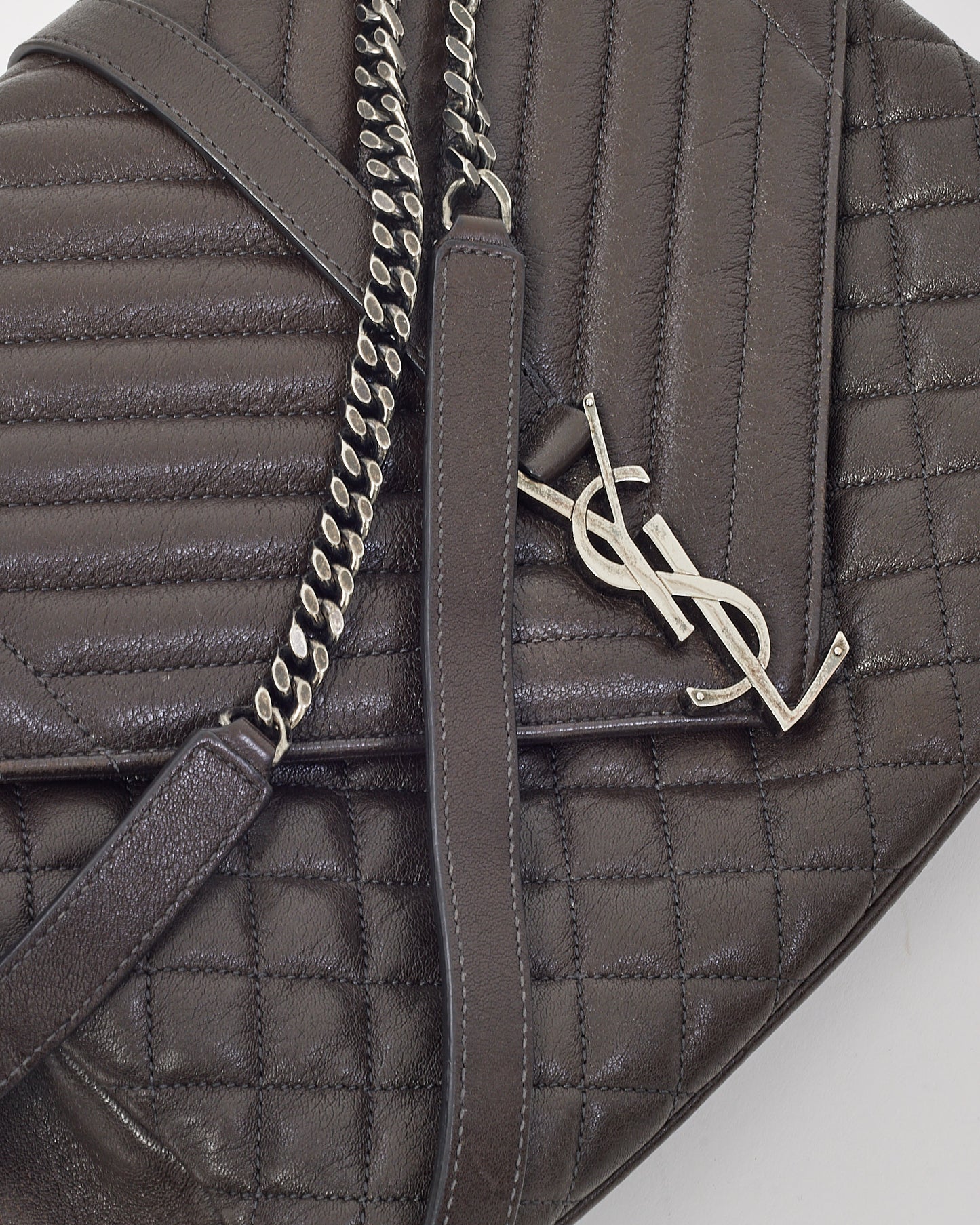 Saint Laurent Dark Brown Grained Chevron Leather Large Envelope Bag SHW