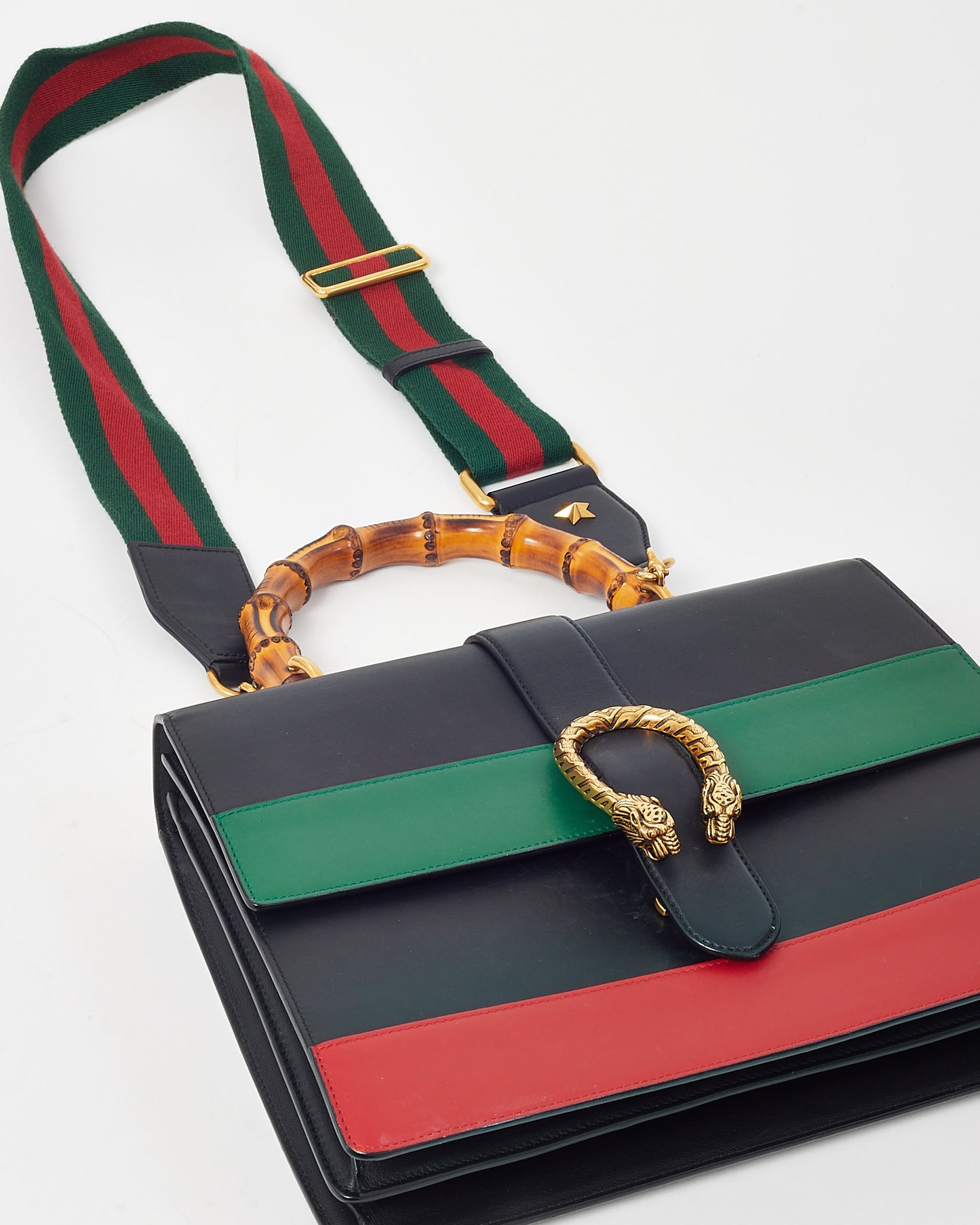 Gucci Black/Red/Green Web Calfskin Leather Large Dionysus Bamboo Top Handle Bag