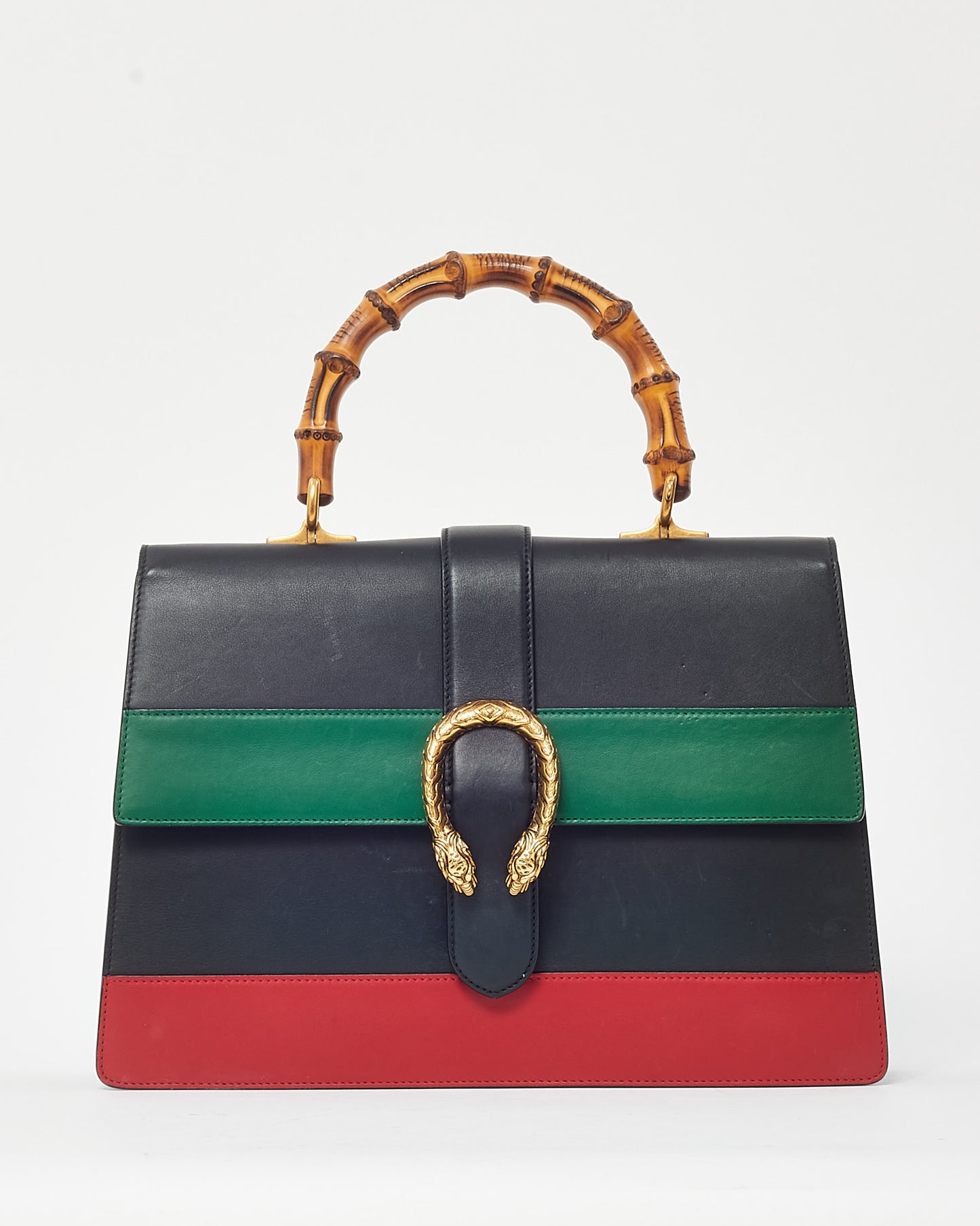 Gucci Black/Red/Green Web Calfskin Leather Large Dionysus Bamboo Top Handle Bag