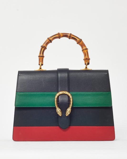 Gucci Black/Red/Green Web Calfskin Leather Large Dionysus Bamboo Top Handle Bag