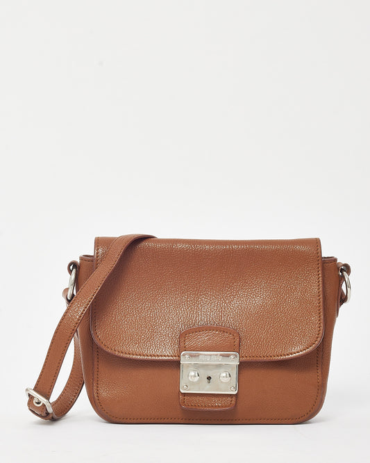 Miu Miu Brown Brandy Leather Madras Logo Push Lock Crossbody Bag
