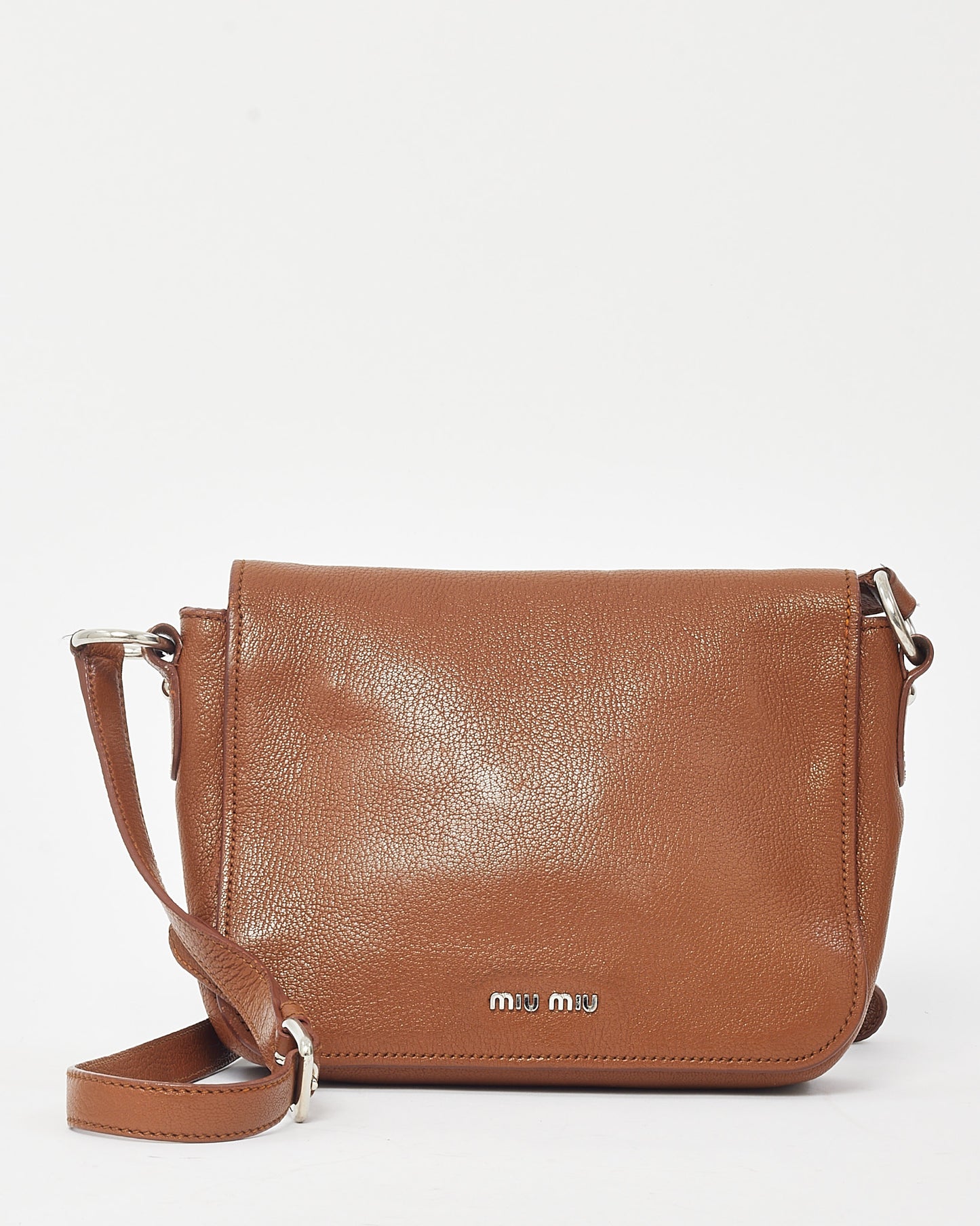Miu Miu Brown Brandy Leather Madras Logo Push Lock Crossbody Bag