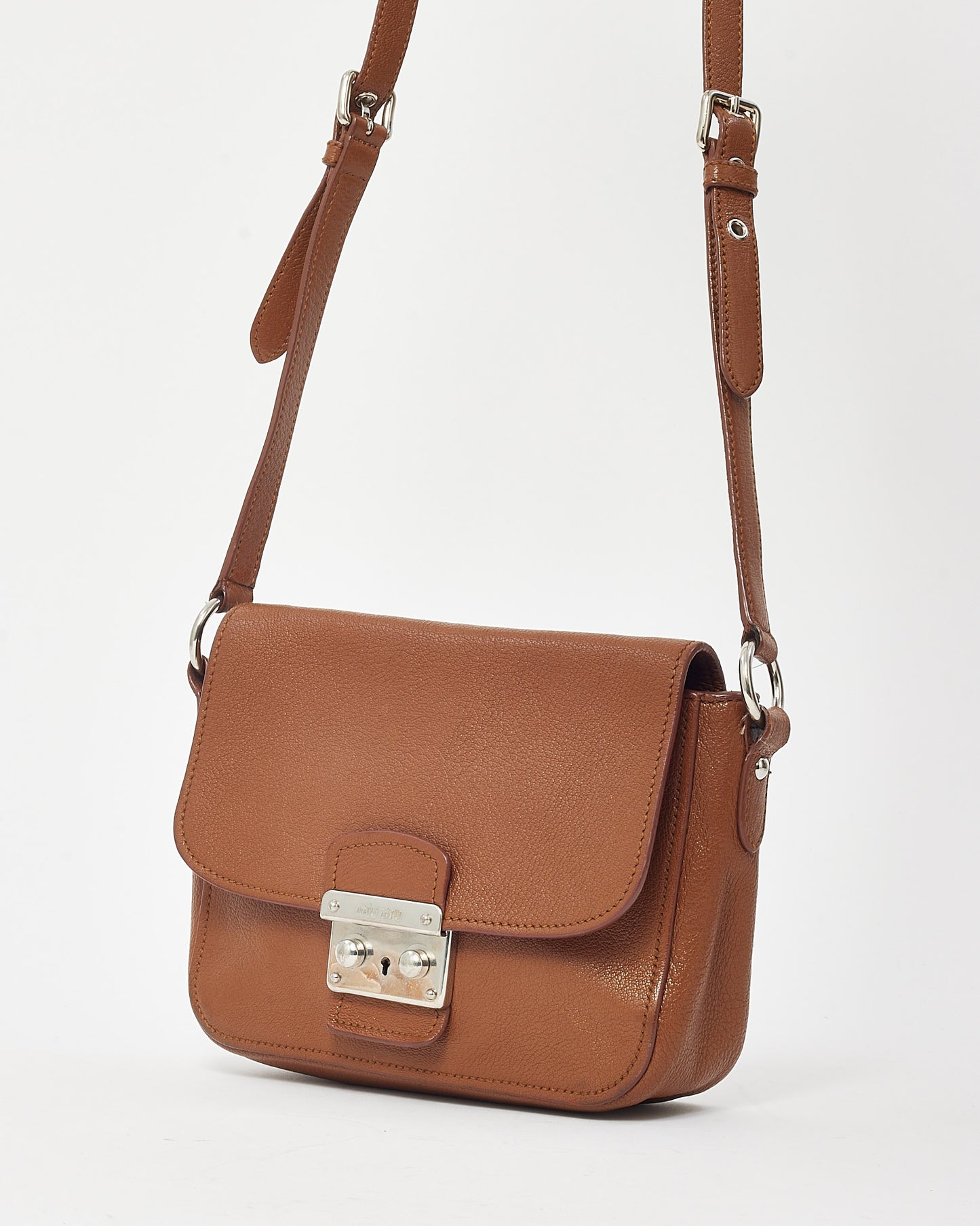 Miu Miu Brown Brandy Leather Madras Logo Push Lock Crossbody Bag