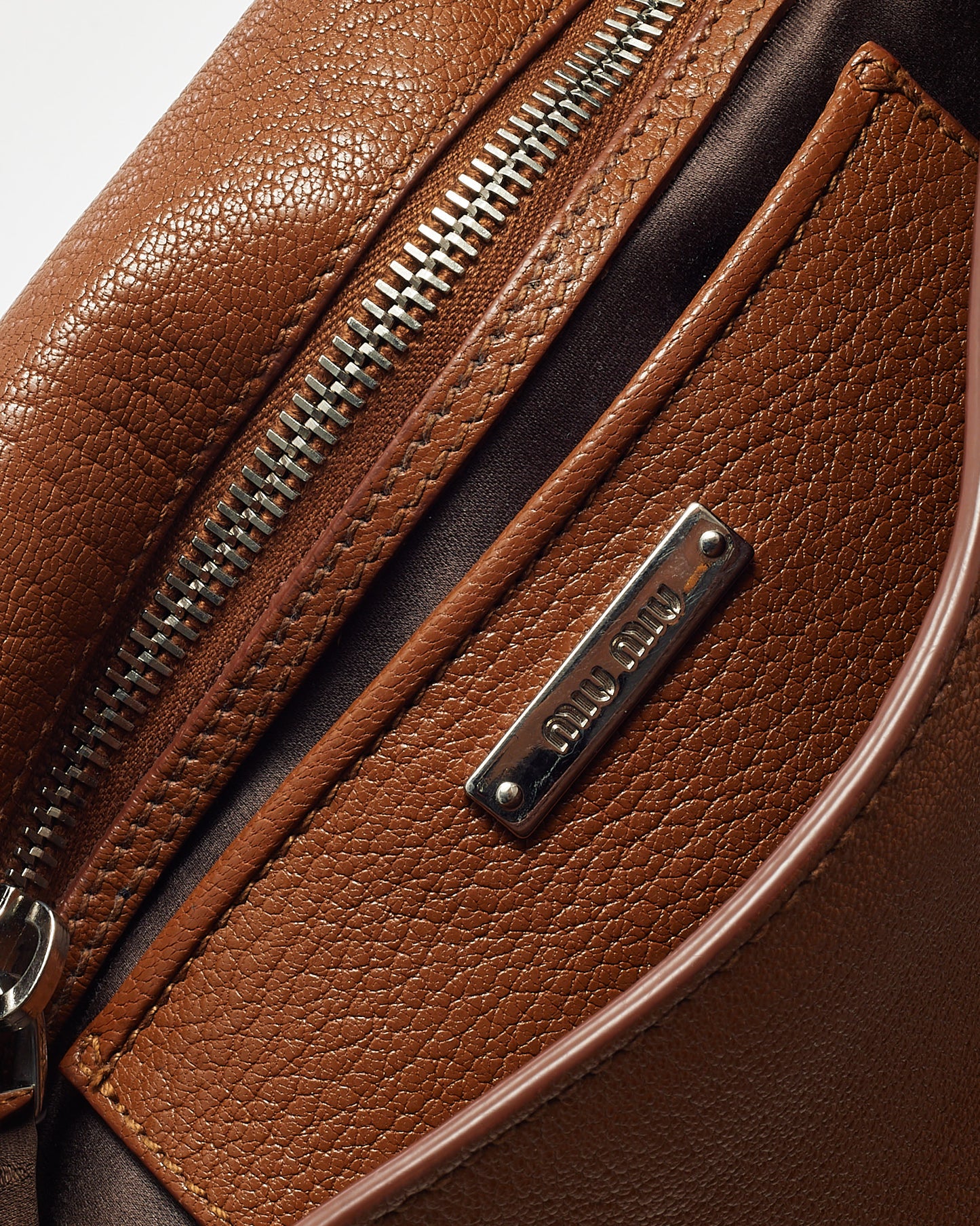 Miu Miu Brown Brandy Leather Madras Logo Push Lock Crossbody Bag