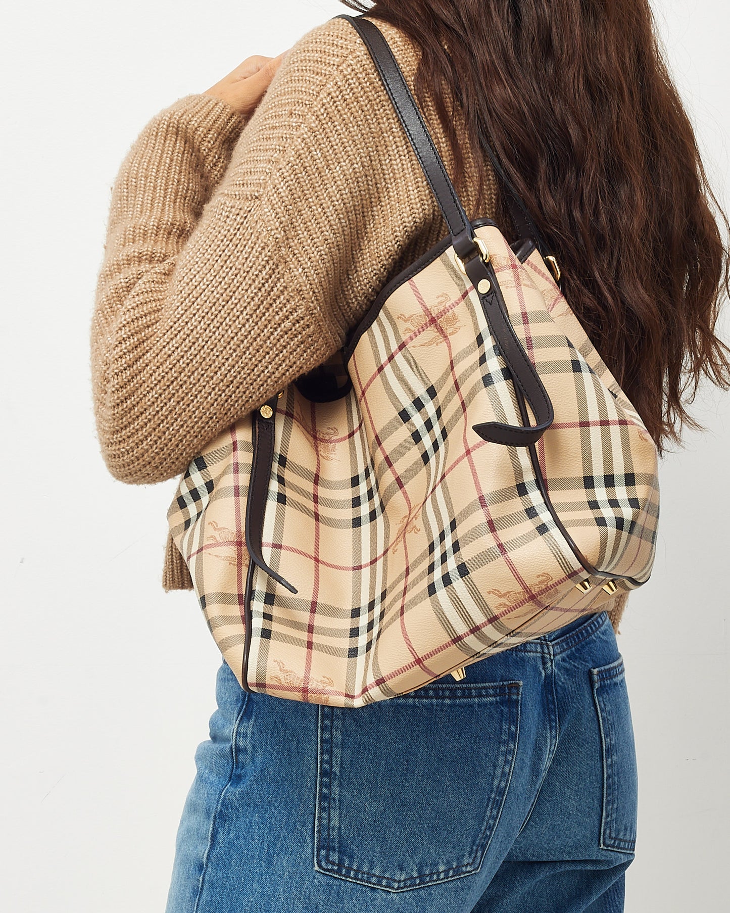 Burberry Brown Leather and Beige Haymarket Check Canterbury Shoulder Bag