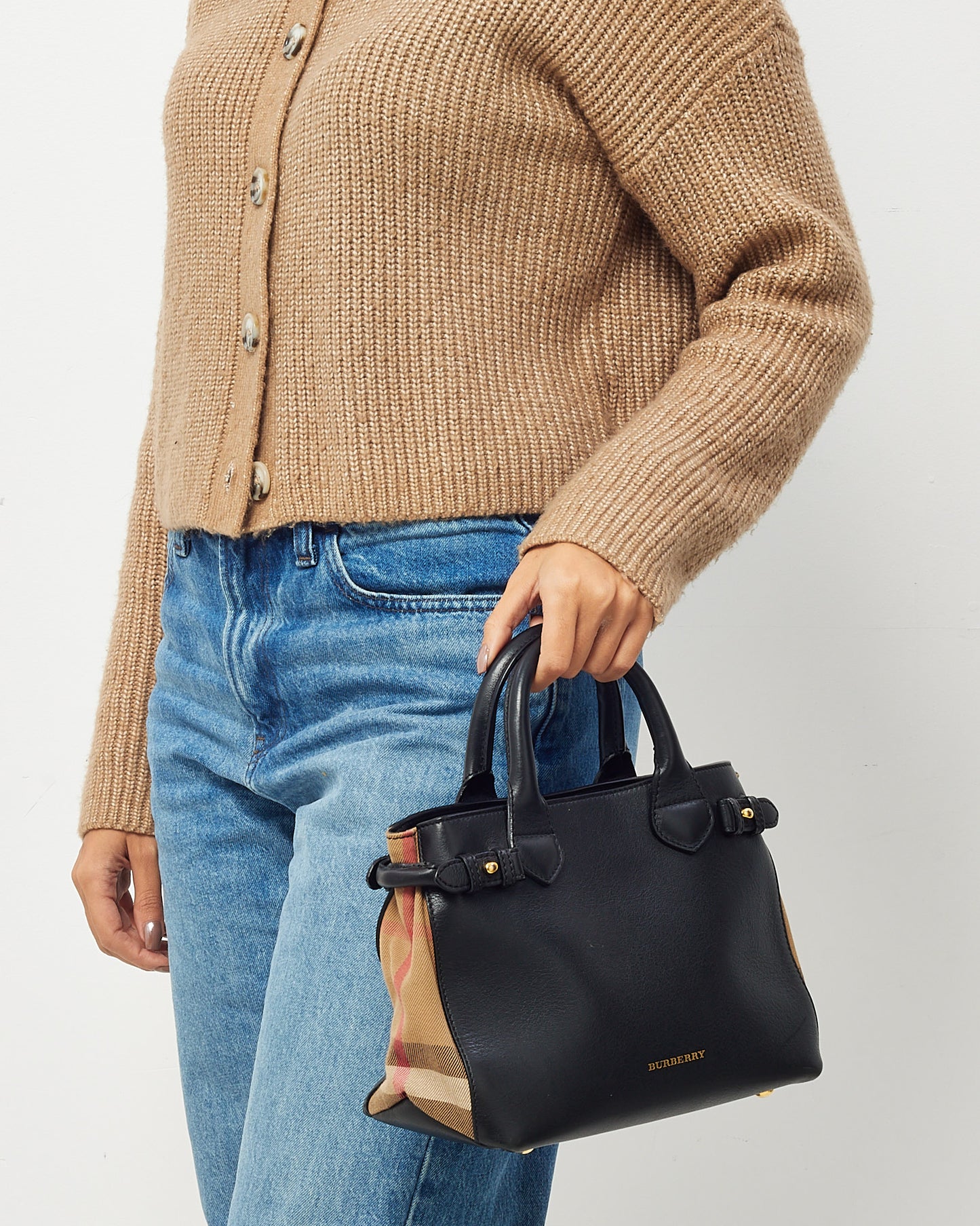 Burberry Black Leather Beige House Check Small Banner Tote - NO STRAP