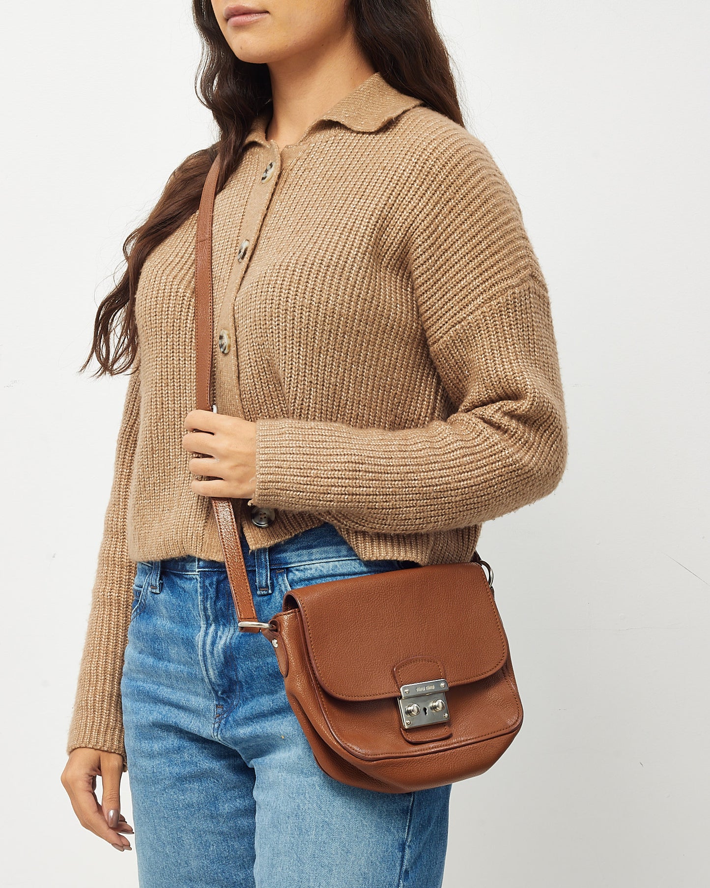 Miu Miu Brown Brandy Leather Madras Logo Push Lock Crossbody Bag