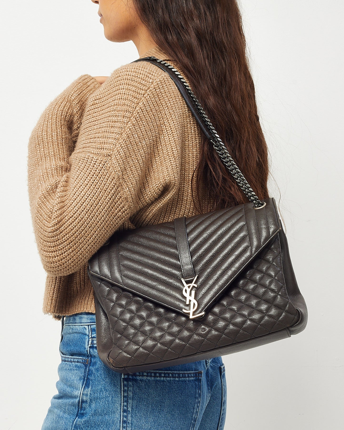 Saint Laurent Dark Brown Grained Chevron Leather Large Envelope Bag SHW