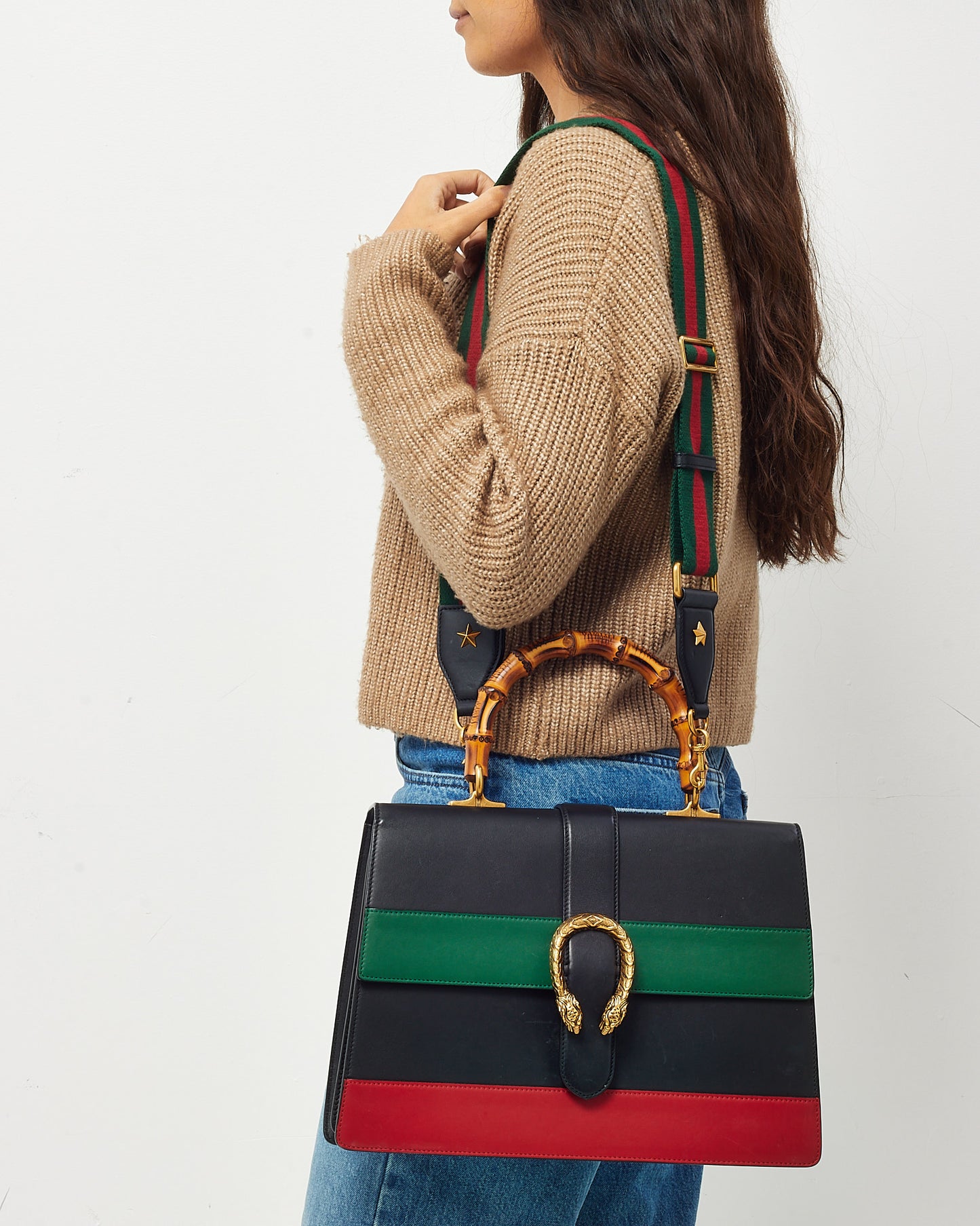 Gucci Black/Red/Green Web Calfskin Leather Large Dionysus Bamboo Top Handle Bag