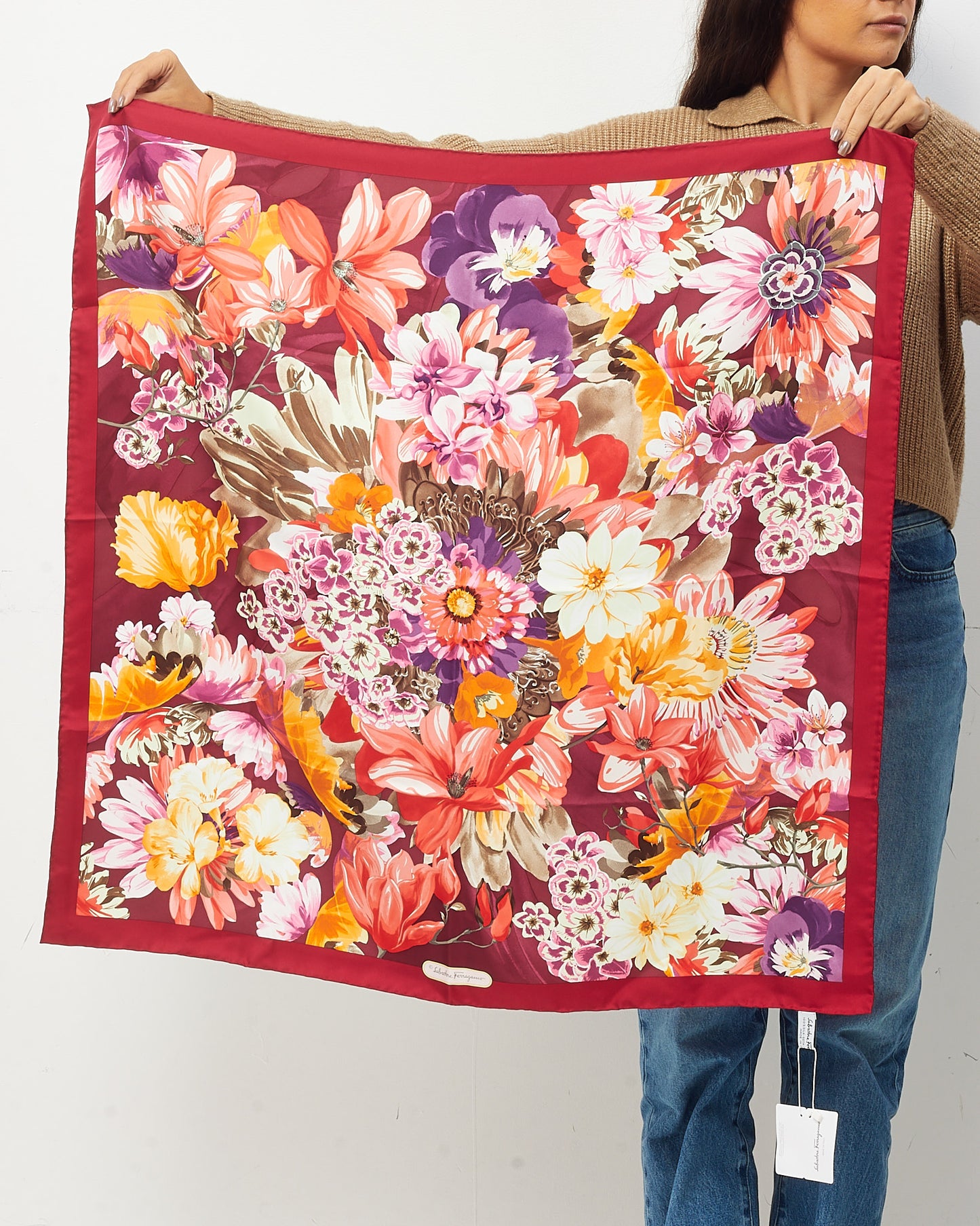 Salvatore Ferragamo Red Floral Print Silk Scarf