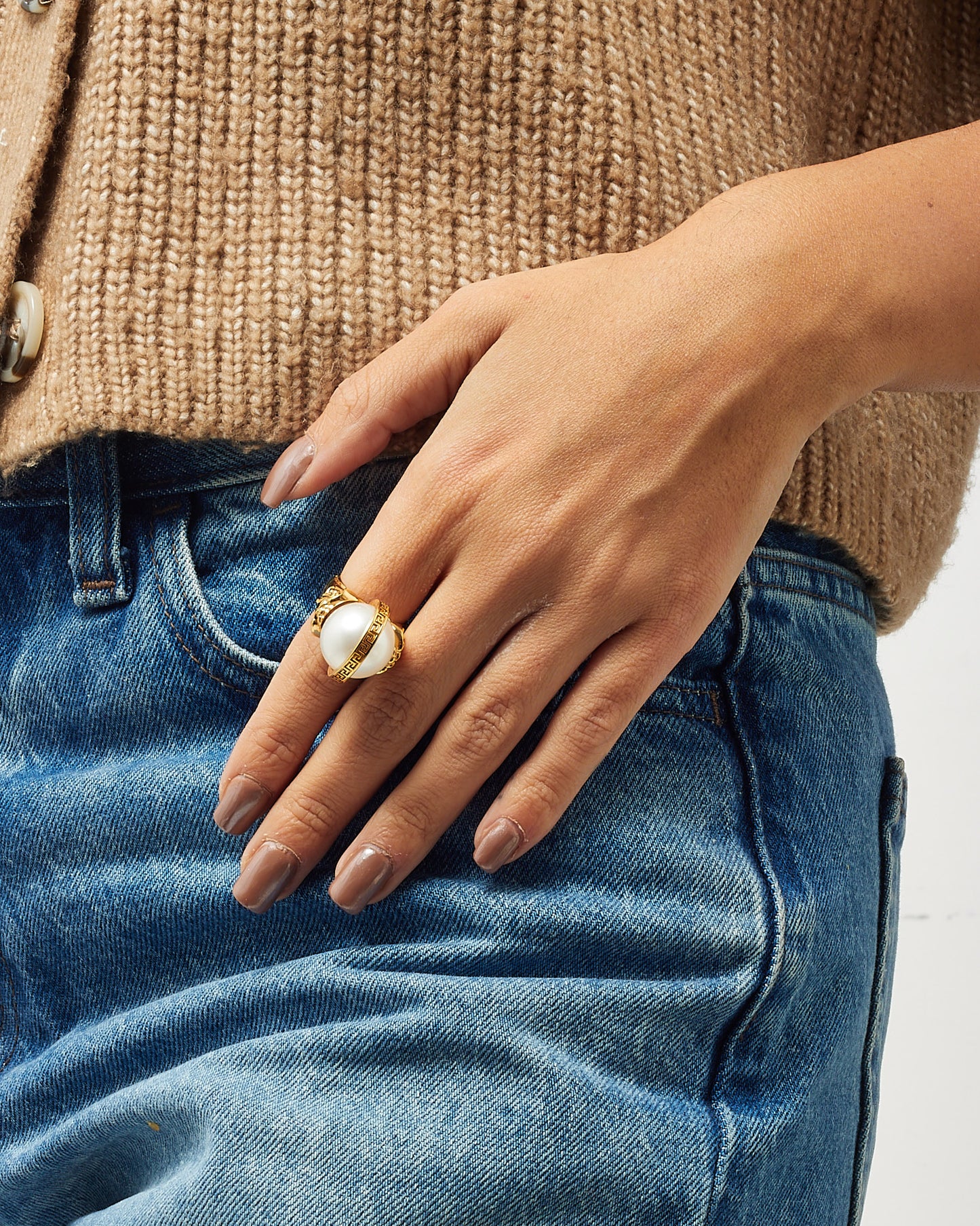 Versace Gold Medusa Faux Pearl & Crystal Ring - 6