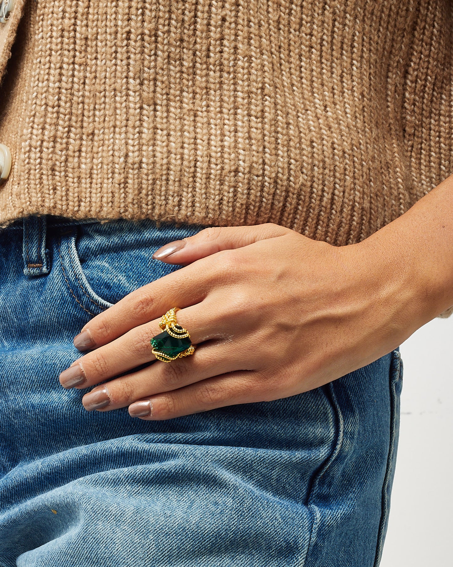 Zimmermann Gold Brass and Emerald Glass Bloom Embellished Ring - M