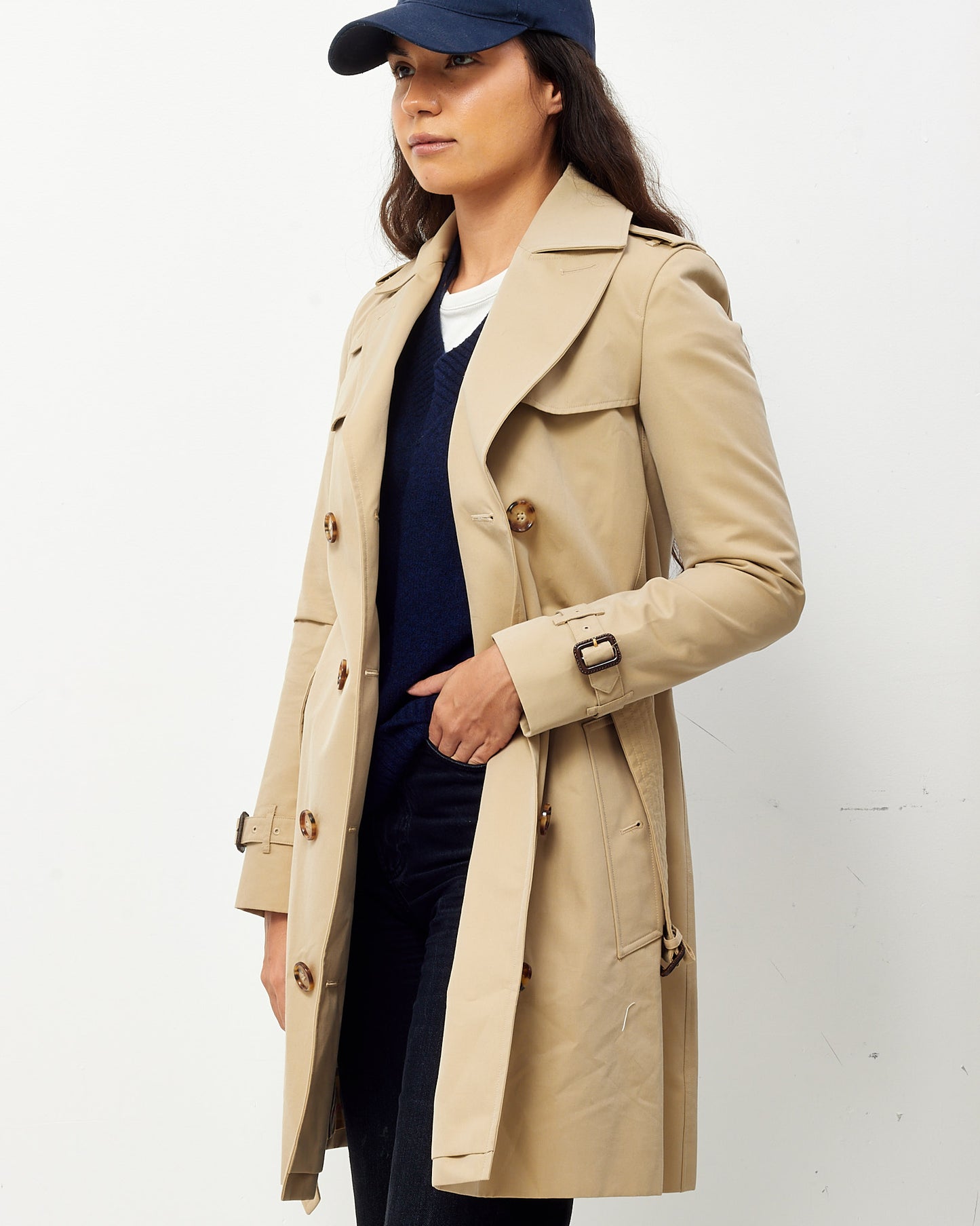 Burberry Beige Cotton Gabardine Mid-Length Kensington Heritage Trench Coat - US 2