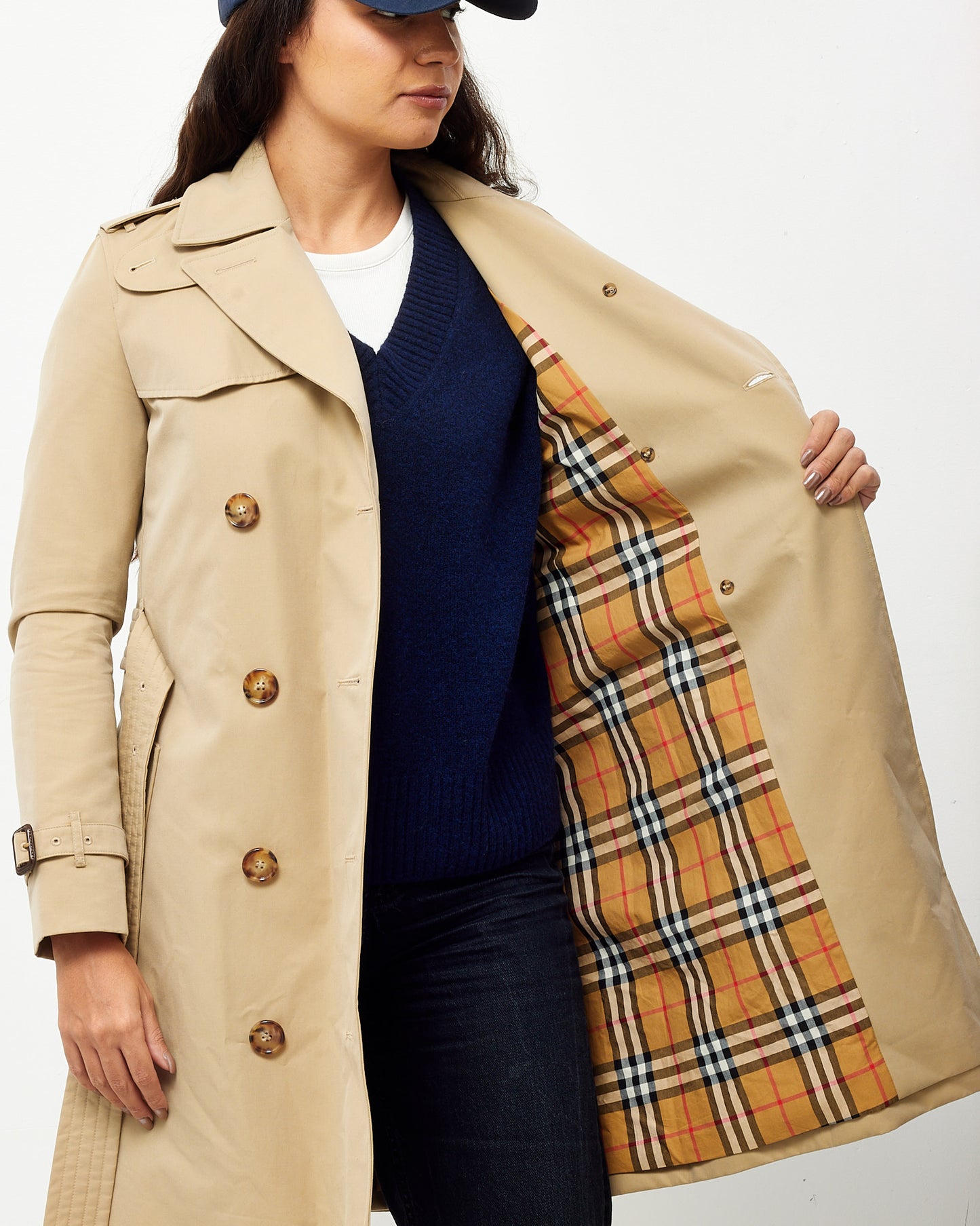 Burberry Beige Cotton Gabardine Mid-Length Kensington Heritage Trench Coat - US 2