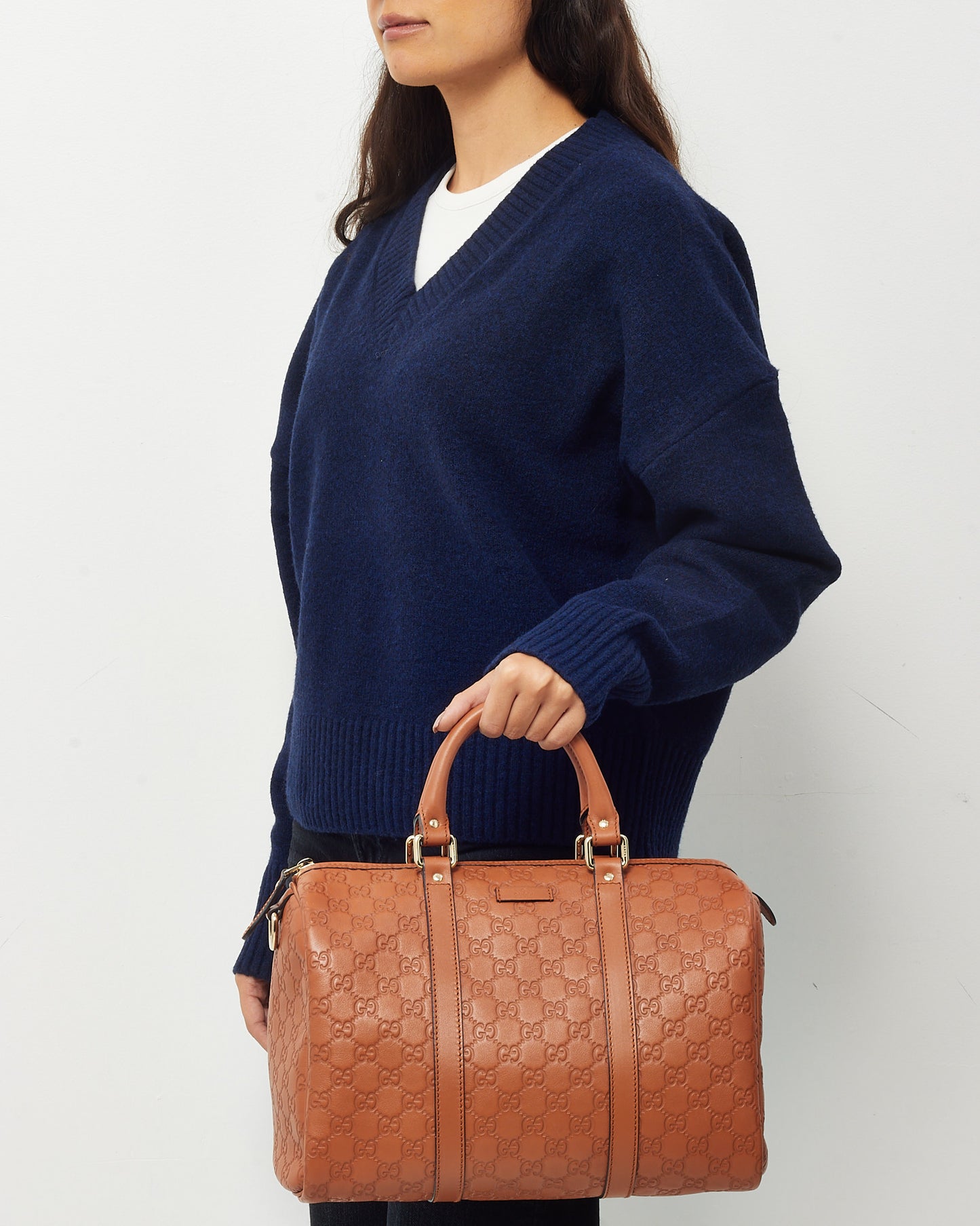 Gucci Orange Tan Signature GG Monogram Leather Medium Joy Boston Bag