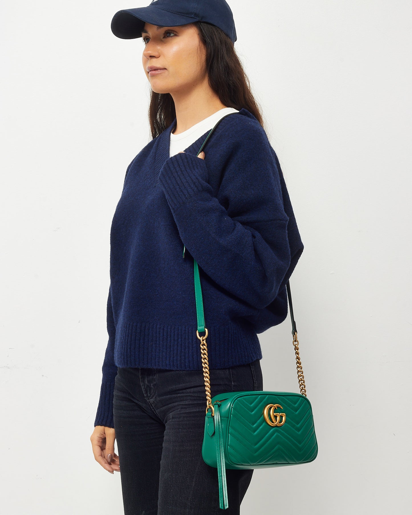 Gucci Green Matelassé Chevron Leather GG Marmont Small Camera Bag