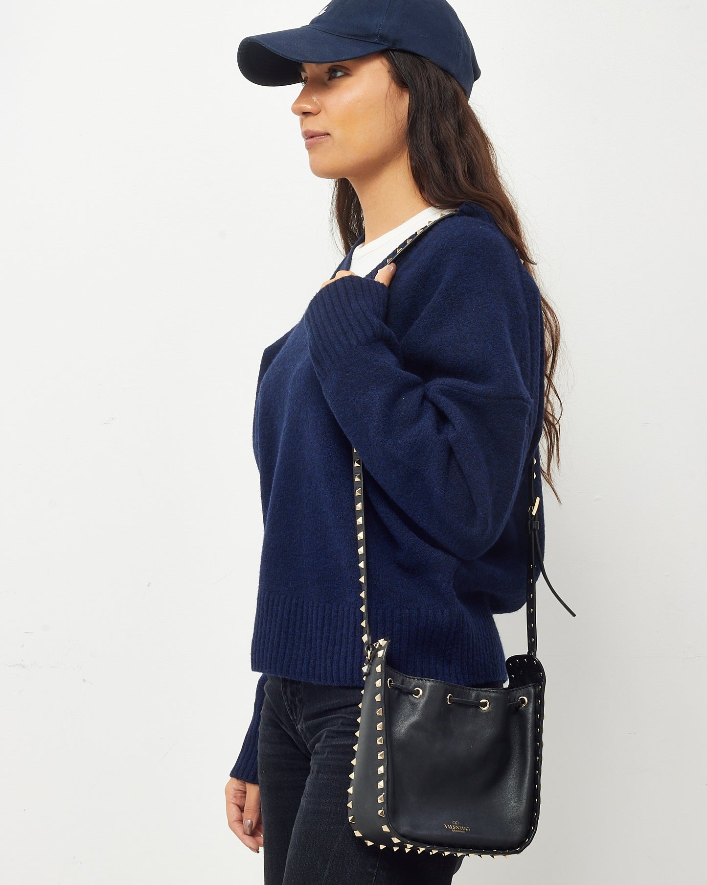 Valentino Black Calfskin Leather Gold Rockstud Mini Bucket Bag