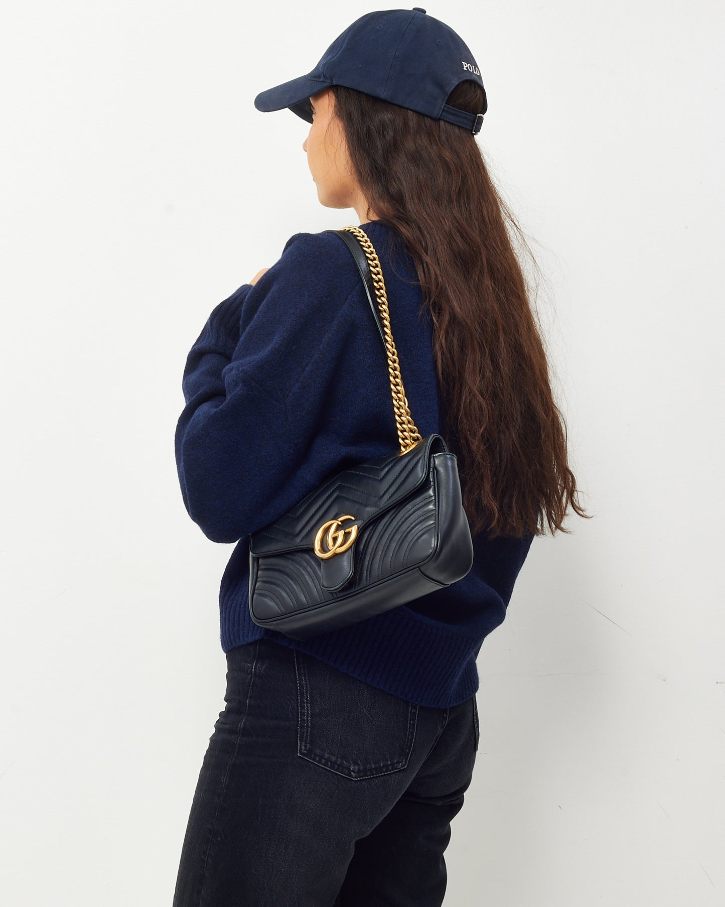 Gucci Black Matelassé Leather Medium GG Marmont Shoulder Bag