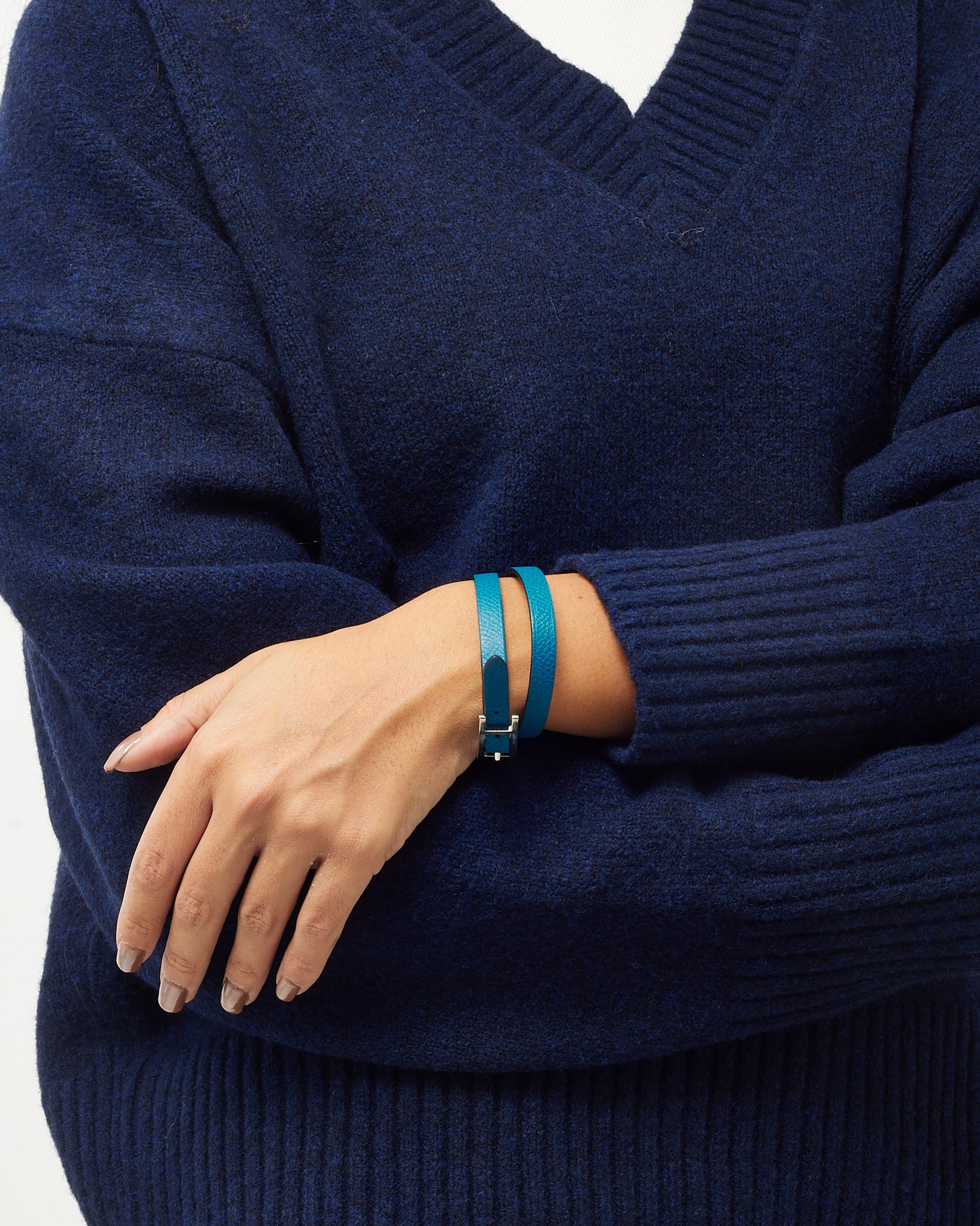 Hermès Blue Leather SHW Behapi Double Tour Bracelet - M