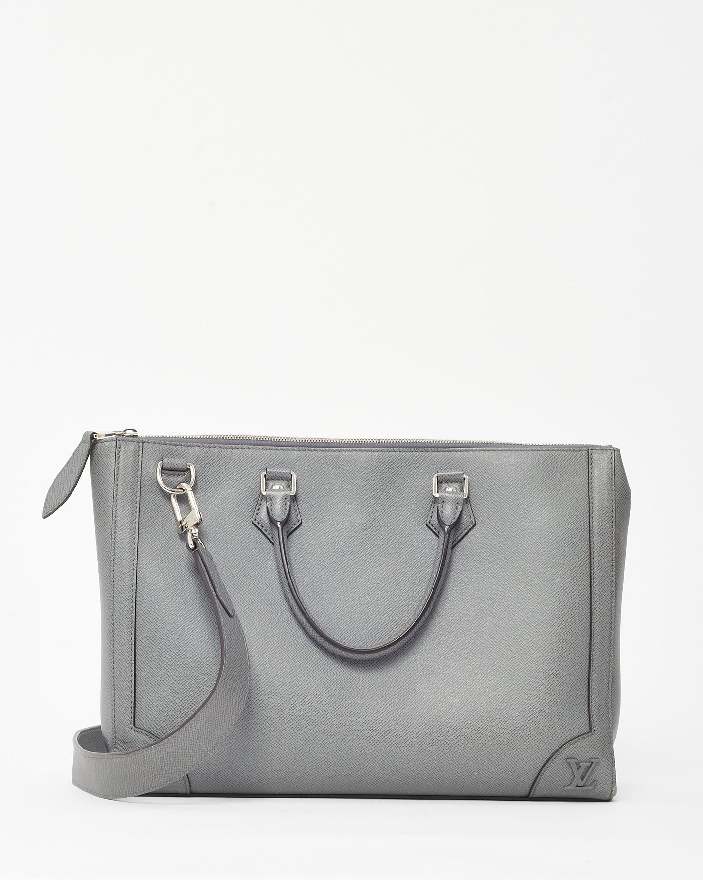 Louis Vuitton Grey Textured Taiga Leather Slim Briefcase Bag with Initial "GM" Strap