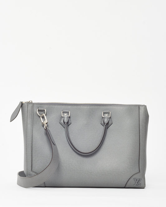 Louis Vuitton Grey Textured Taiga Leather Slim Briefcase Bag with Initial "GM" Strap