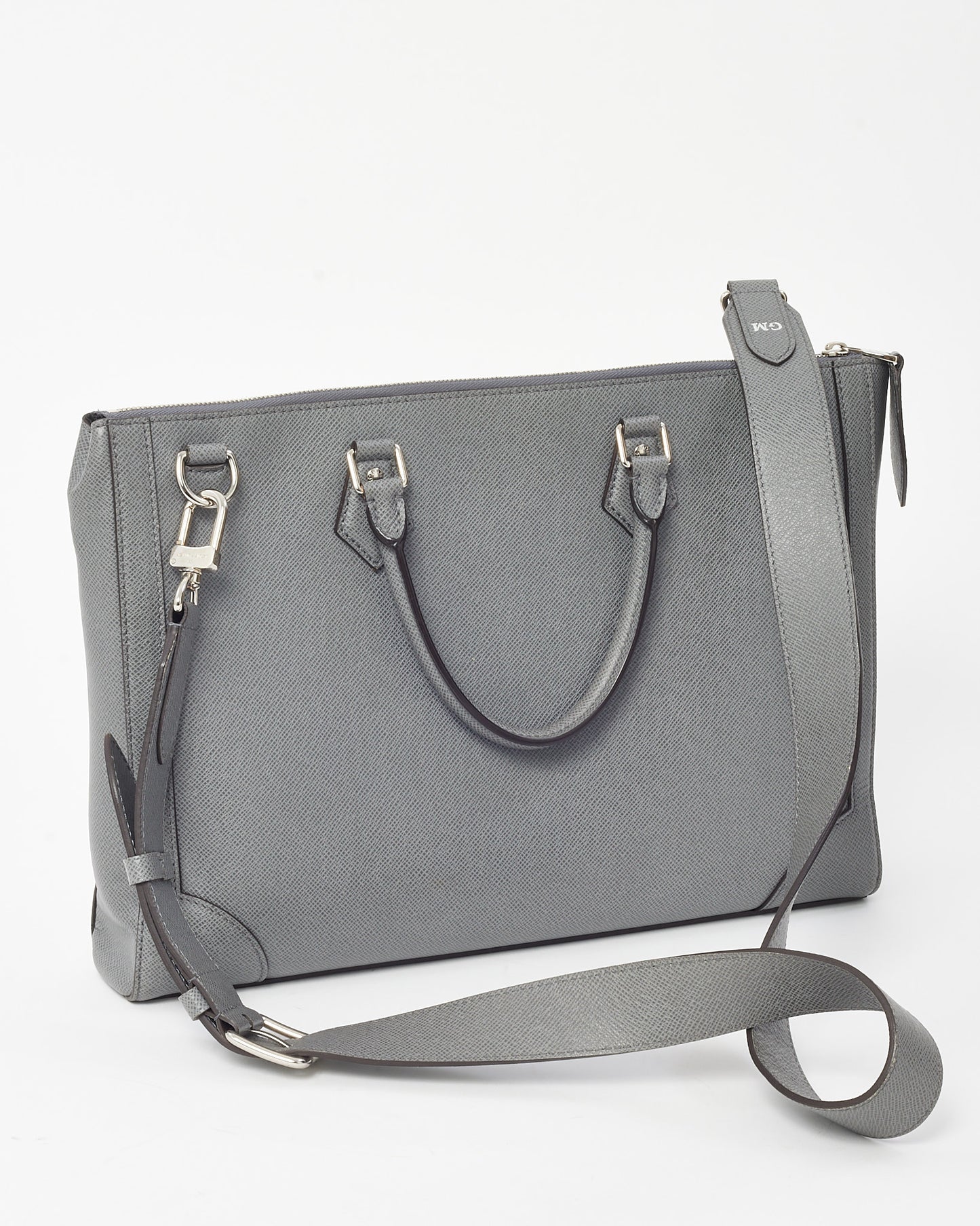Louis Vuitton Grey Textured Taiga Leather Slim Briefcase Bag with Initial "GM" Strap