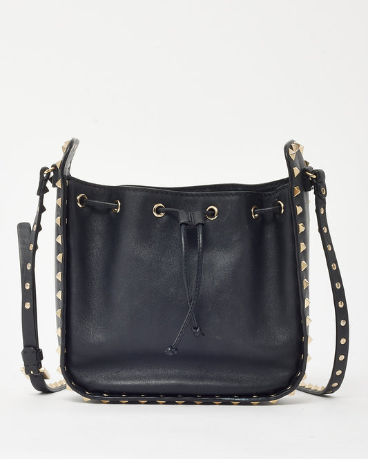 Valentino Black Calfskin Leather Gold Rockstud Mini Bucket Bag