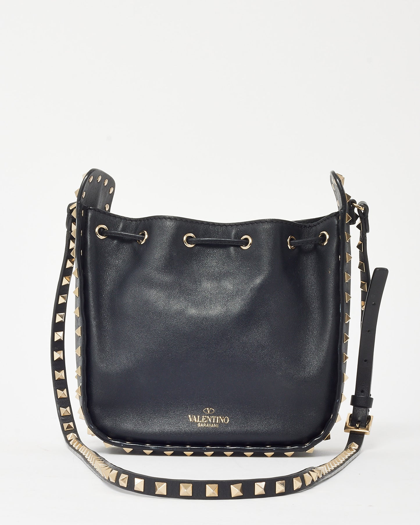 Valentino Black Calfskin Leather Gold Rockstud Mini Bucket Bag