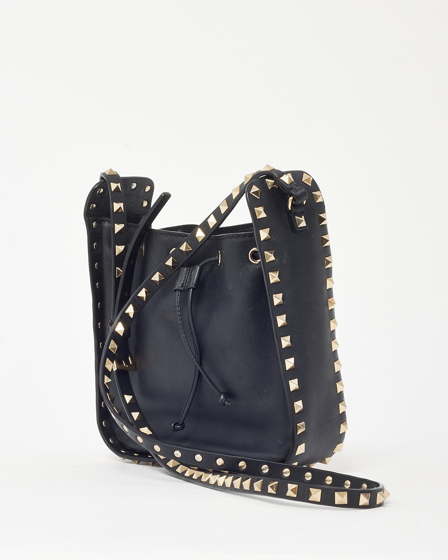 Valentino Black Calfskin Leather Gold Rockstud Mini Bucket Bag