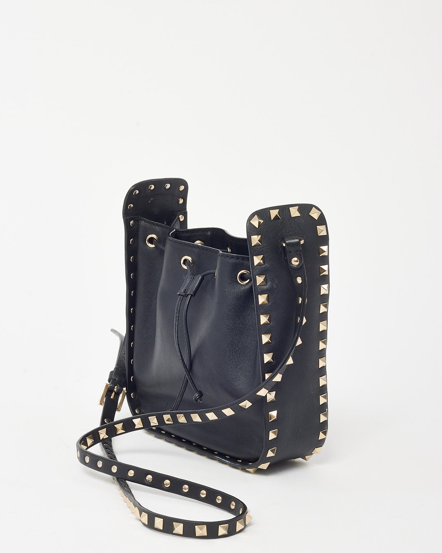 Valentino Black Calfskin Leather Gold Rockstud Mini Bucket Bag